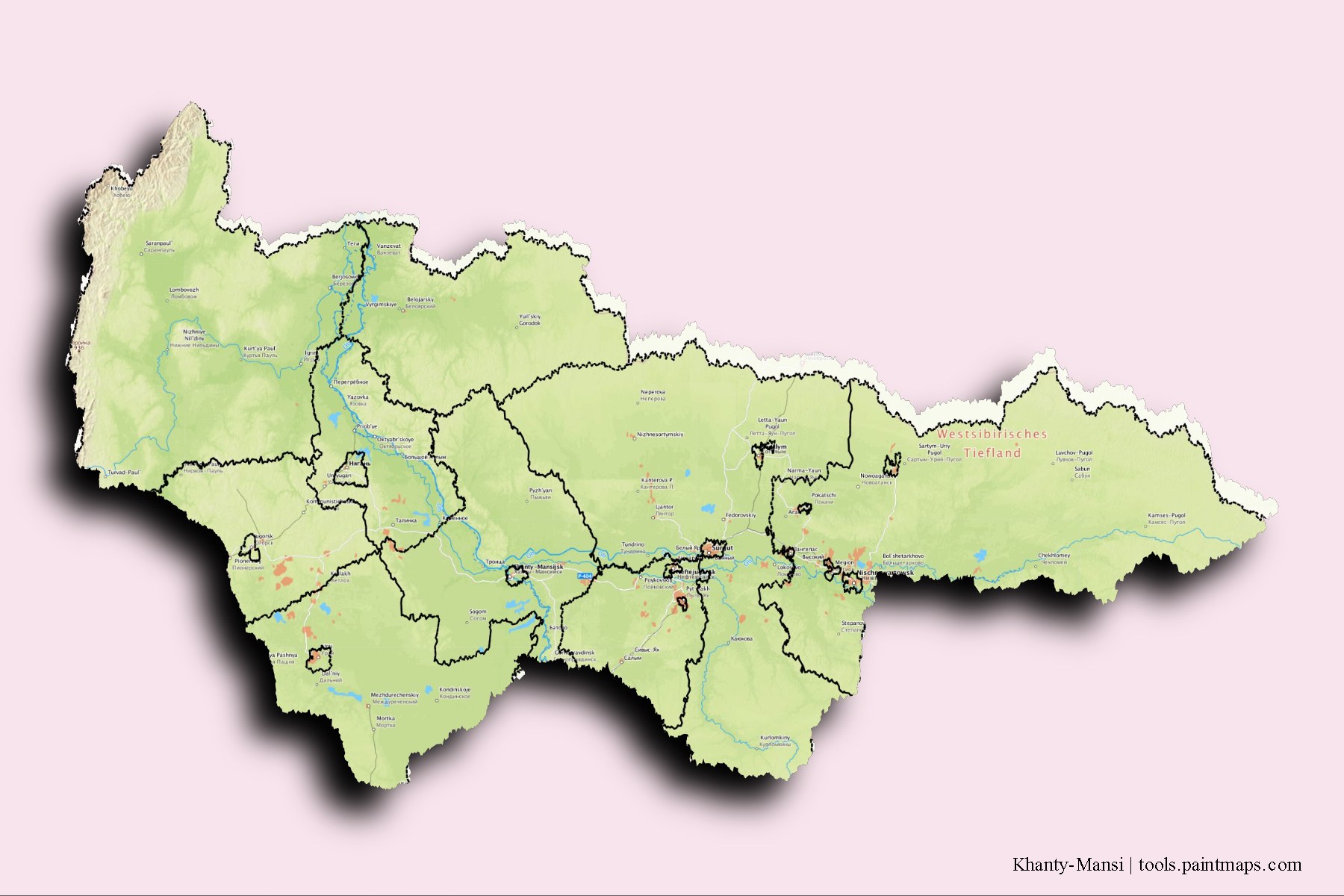 Mapa de Khanty-Mansi y sus distritos con efecto de sombra 3D