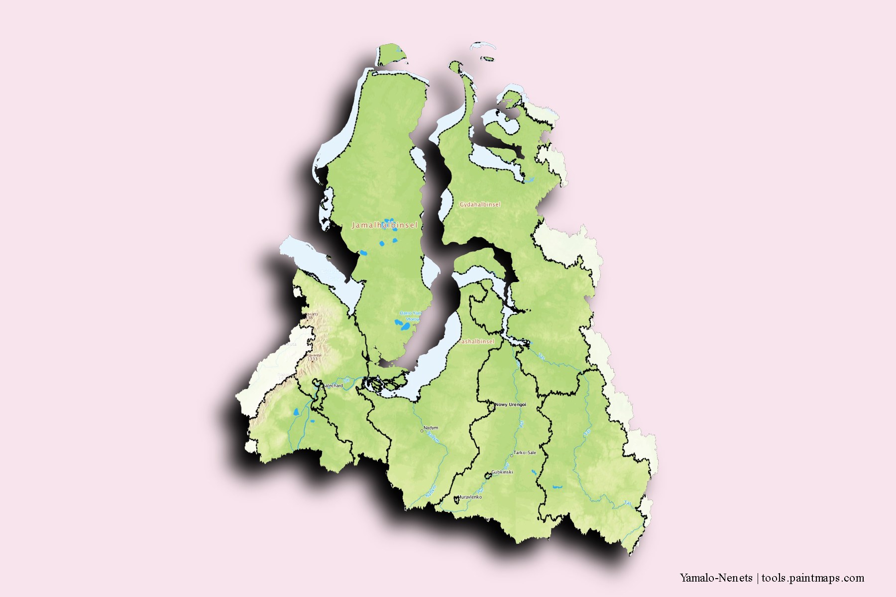 3D gölge efektli Yamalo-Nenets Özerk Okrugu ve ilçeleri haritası