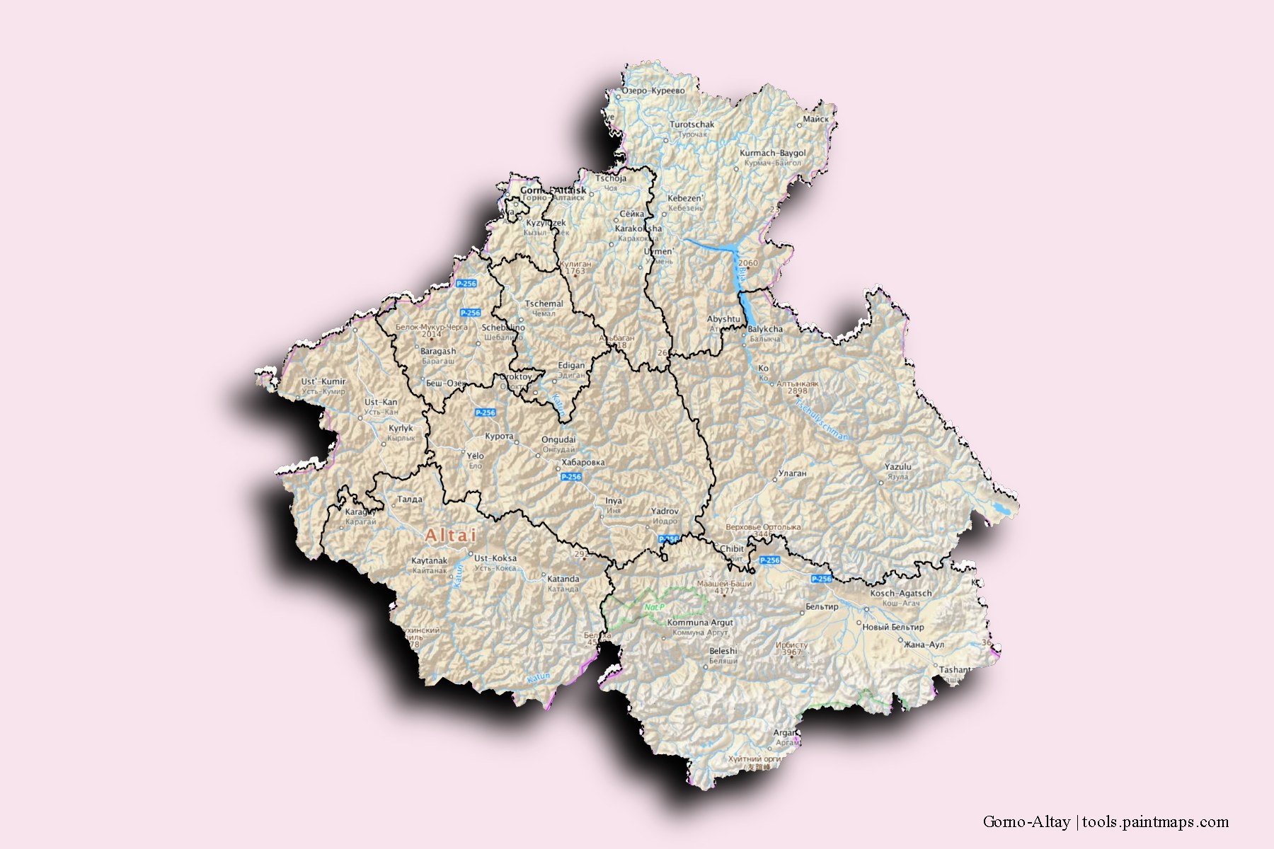 Gorno-Altay and counties map with 3D shadow effect