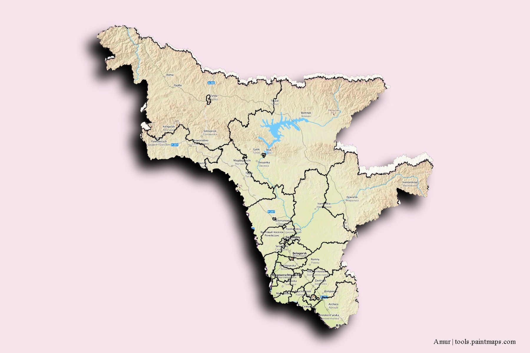 Amur and counties map with 3D shadow effect