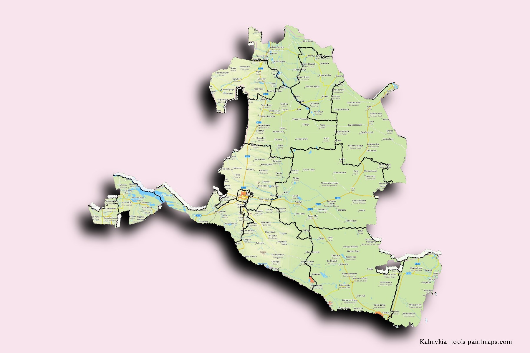 Kalmykia and counties map with 3D shadow effect