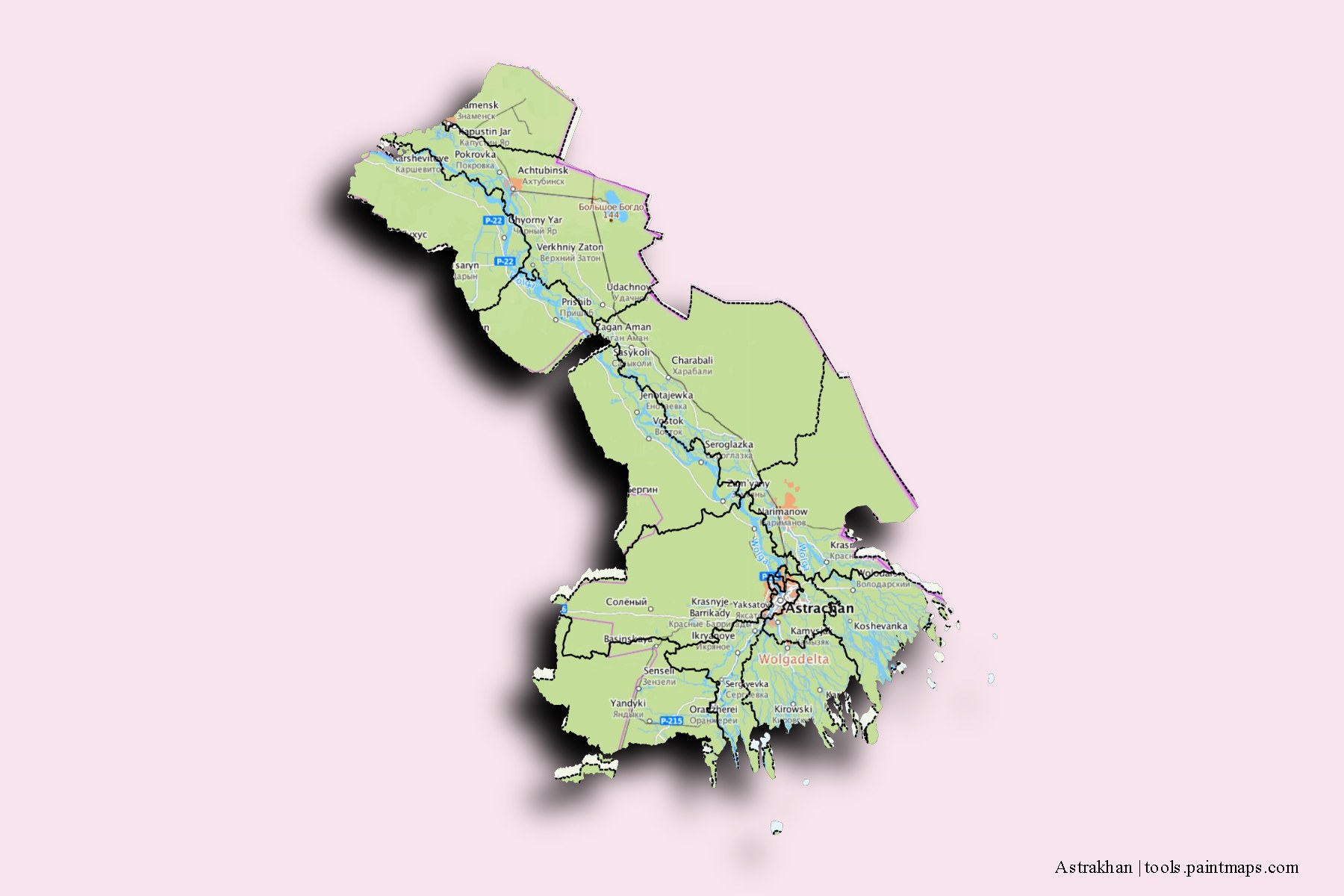 3D gölge efektli Astrahan ve ilçeleri haritası