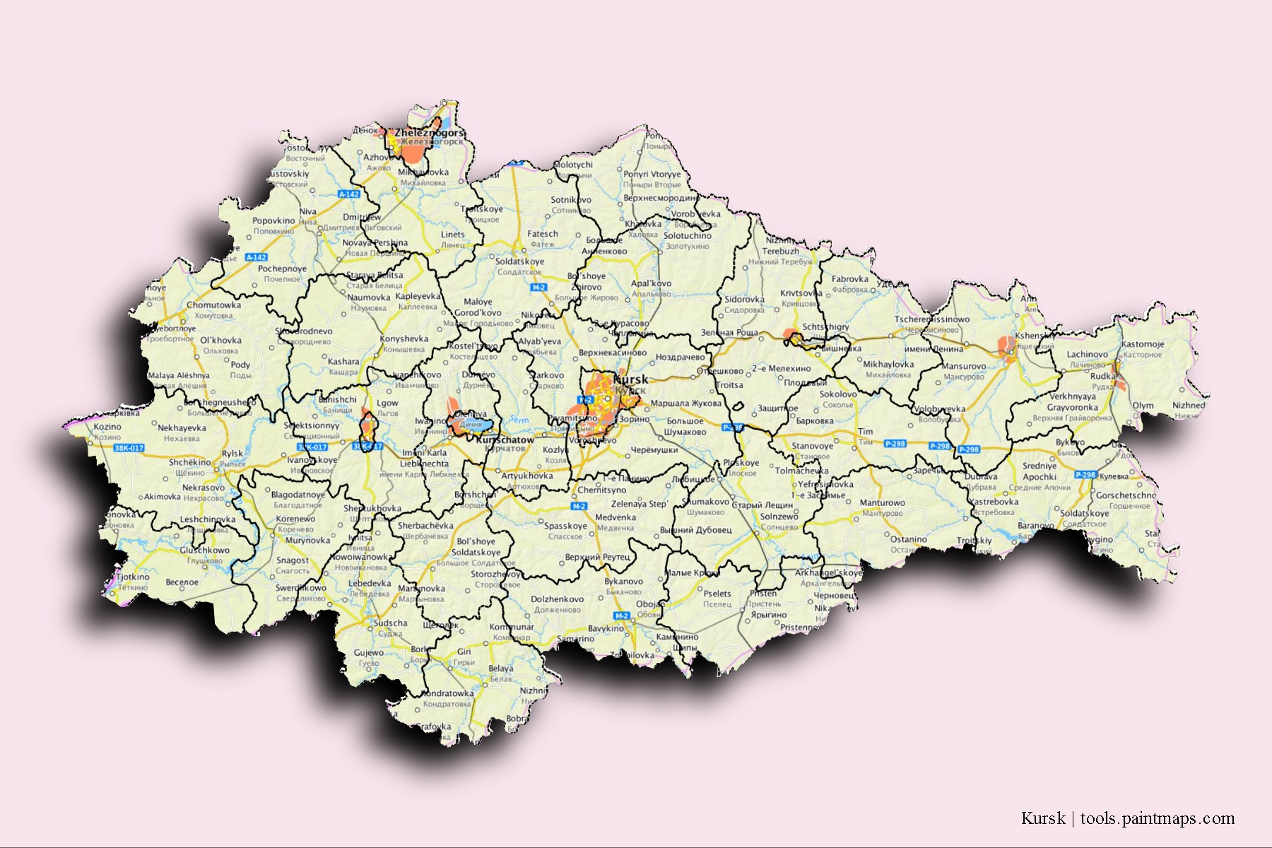 Kursk and counties map with 3D shadow effect