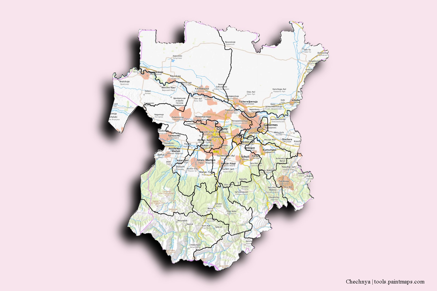 Chechnya and counties map with 3D shadow effect