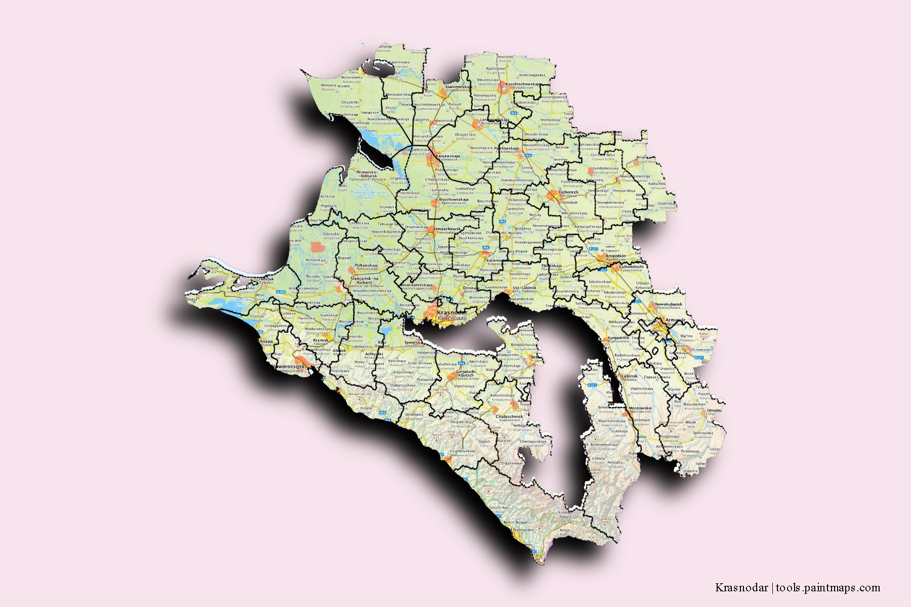 Krasnodar and counties map with 3D shadow effect