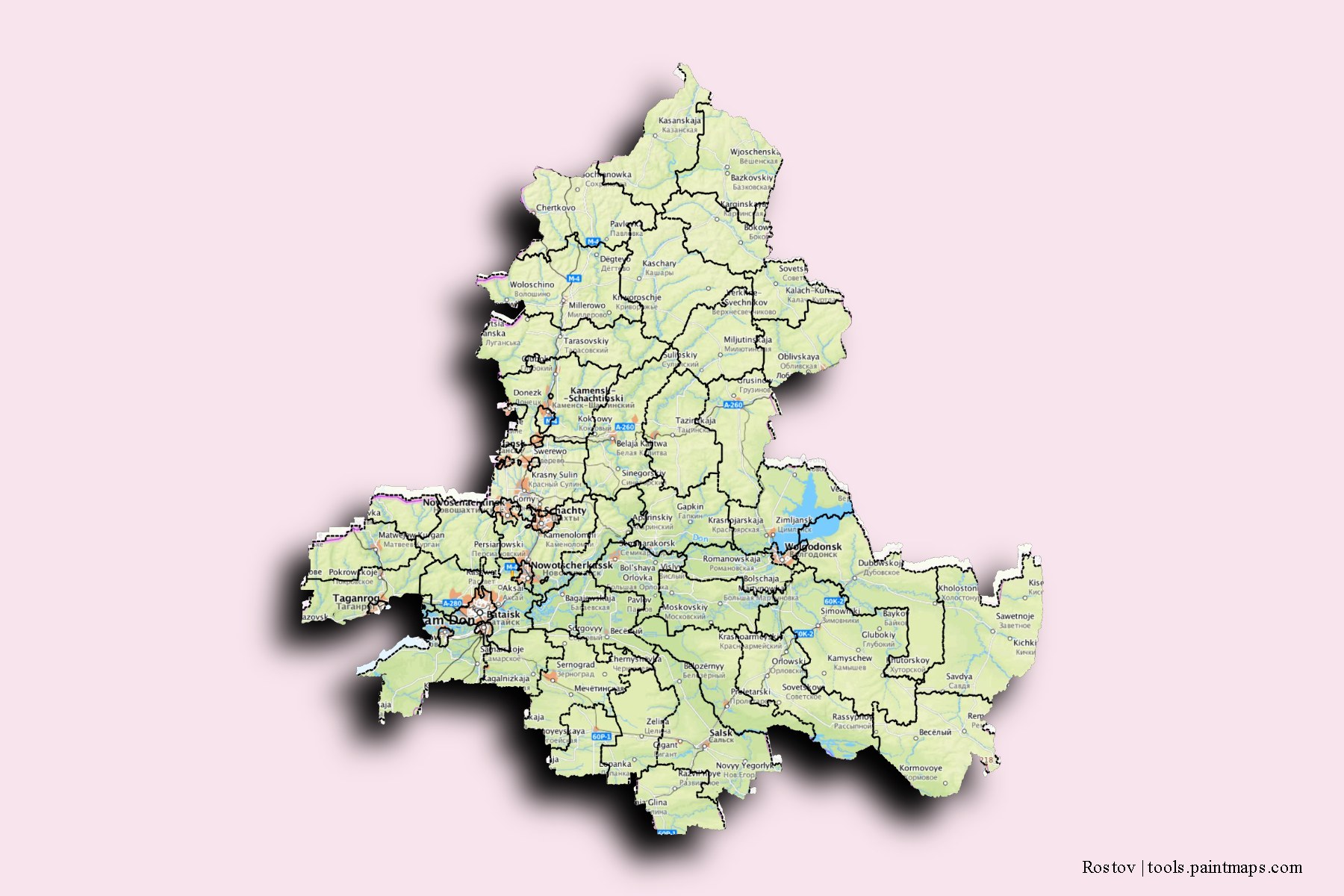 Rostov and counties map with 3D shadow effect