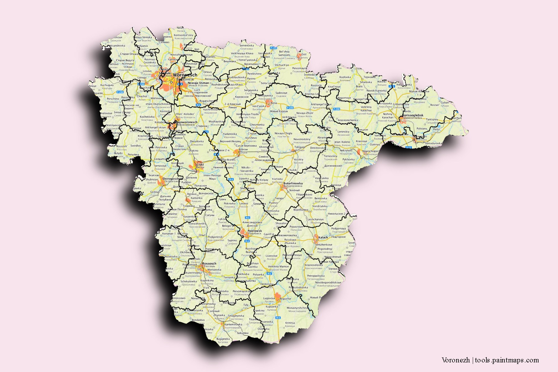 Voronezh and counties map with 3D shadow effect