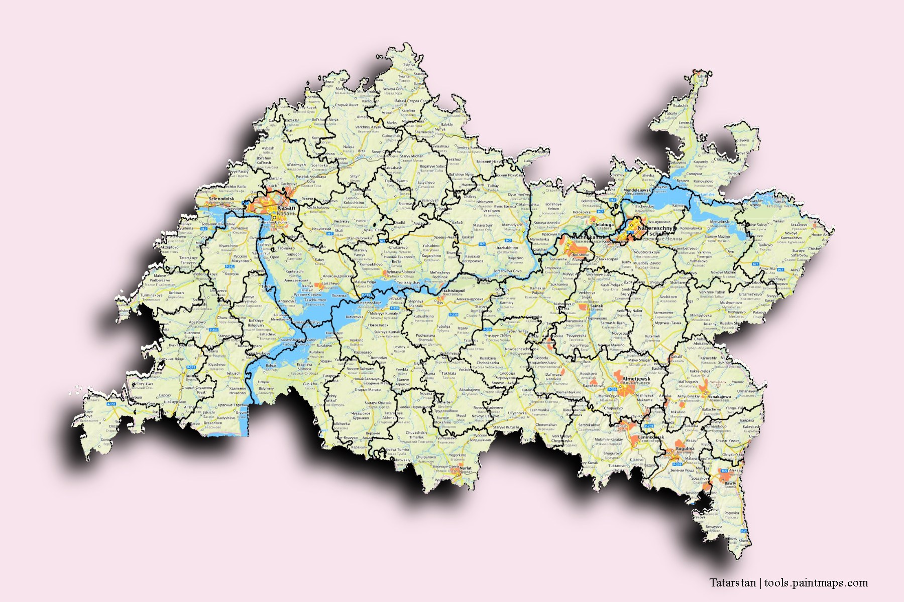 Tatarstan and counties map with 3D shadow effect