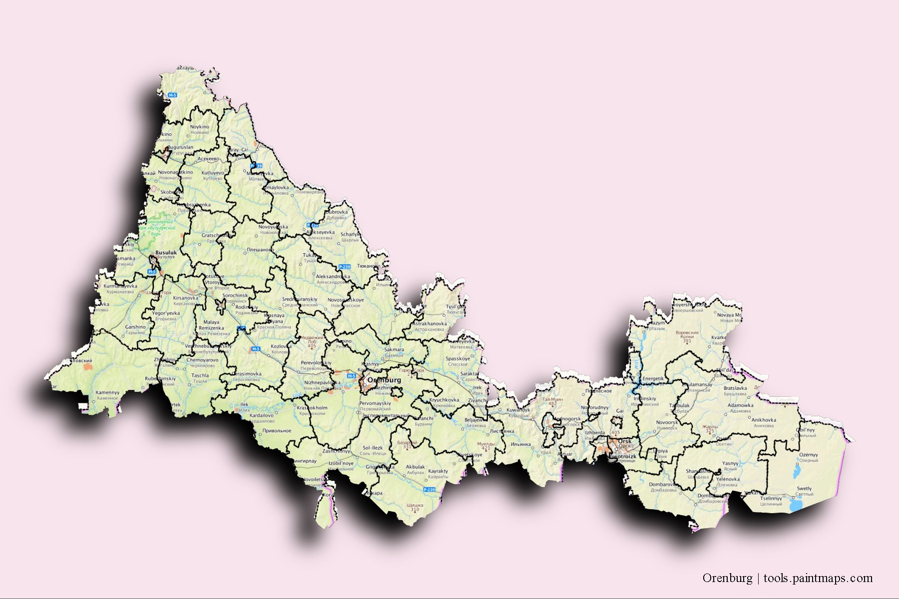 Orenburg and counties map with 3D shadow effect