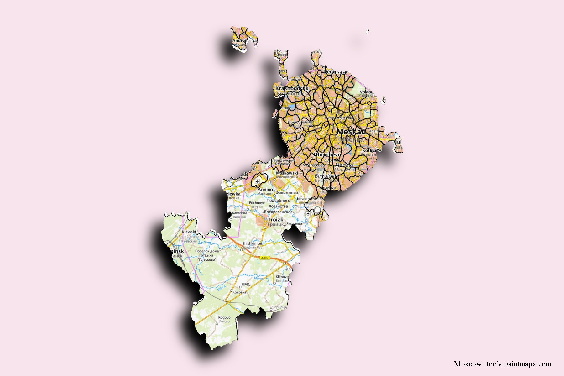 3D gölge efektli Moskova ve ilçeleri haritası