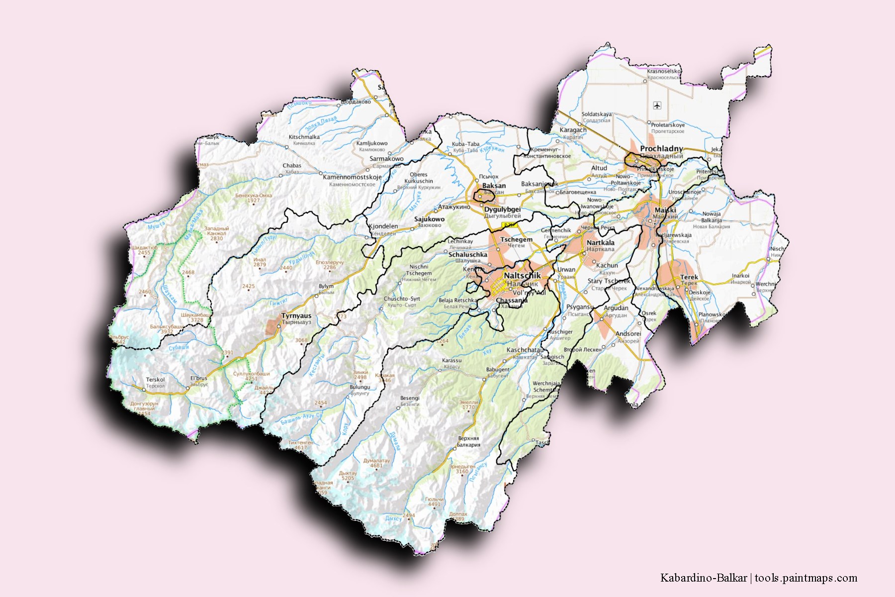 Kabardino-Balkar and counties map with 3D shadow effect