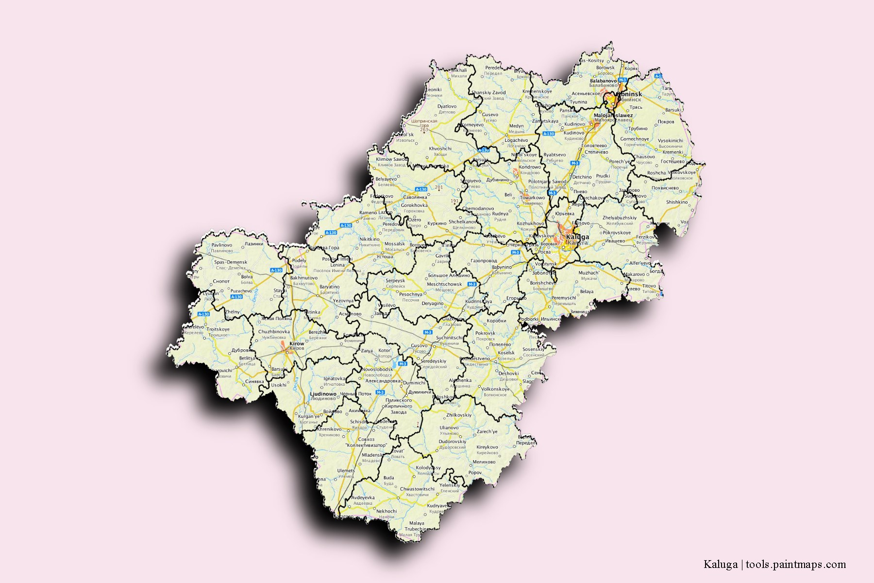 Kaluga and counties map with 3D shadow effect