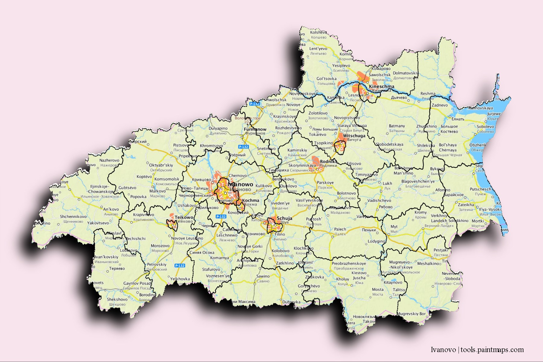 Ivanovo and counties map with 3D shadow effect