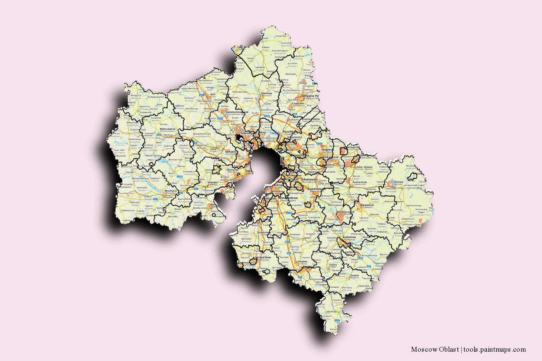 Moscow Oblast and counties map with 3D shadow effect