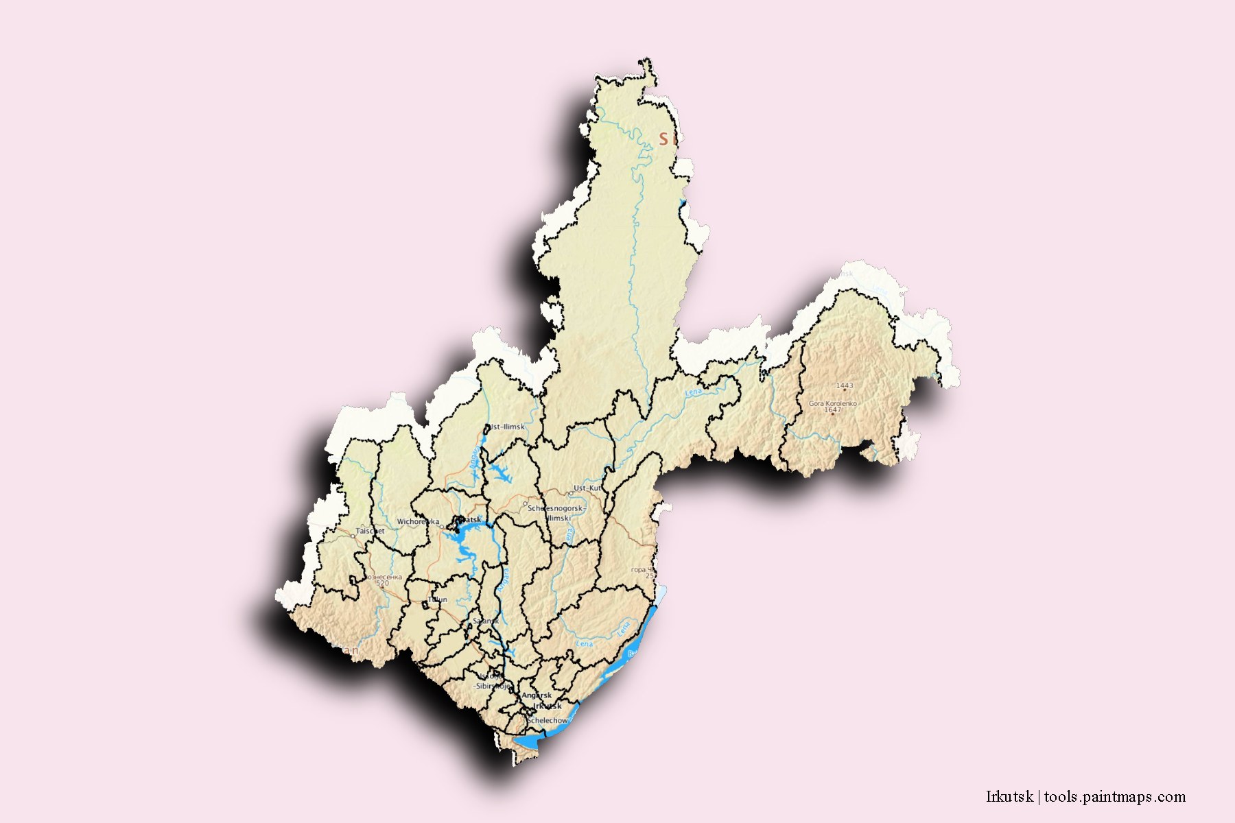 Irkutsk and counties map with 3D shadow effect