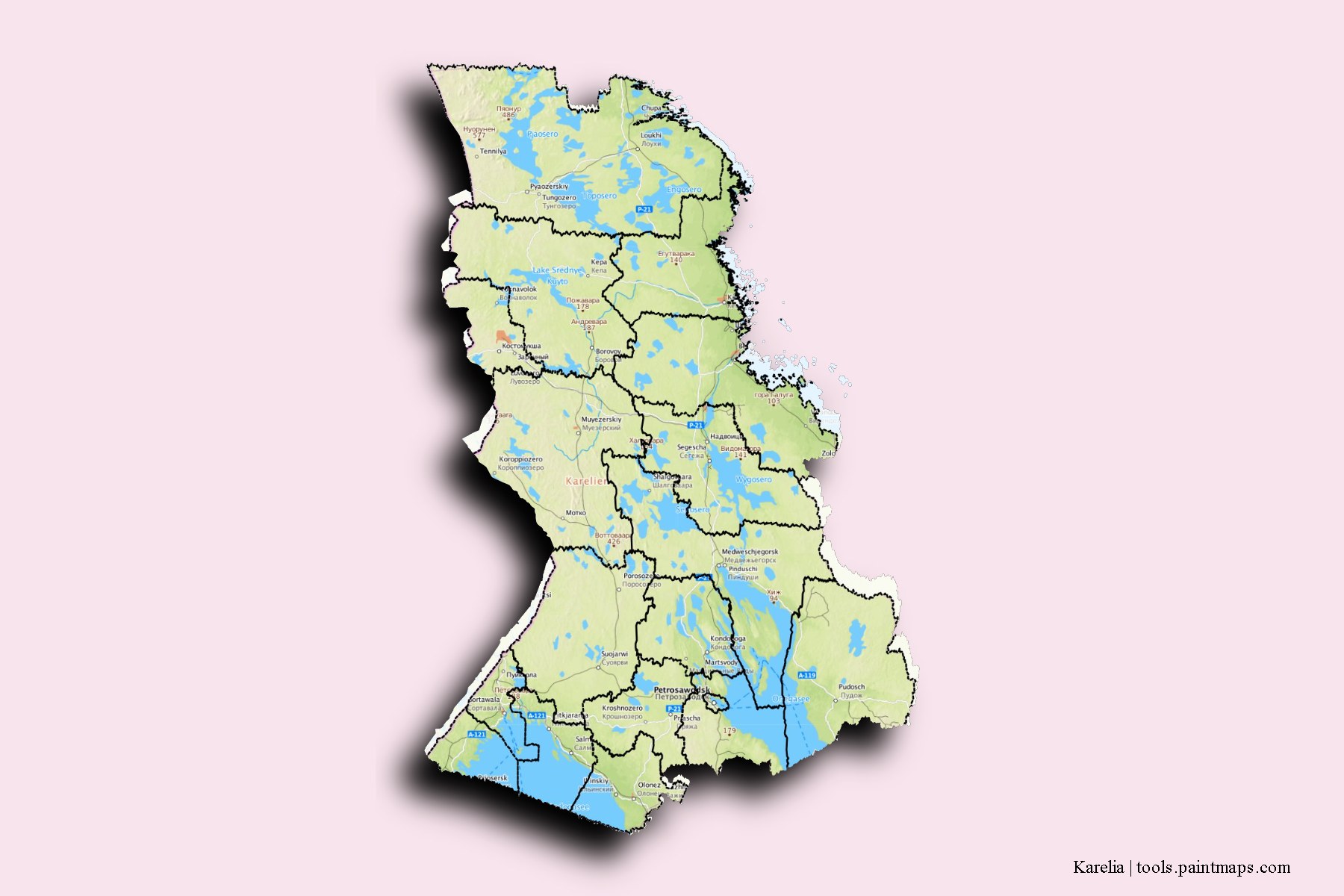 3D gölge efektli Karelya Cumhuriyeti ve ilçeleri haritası