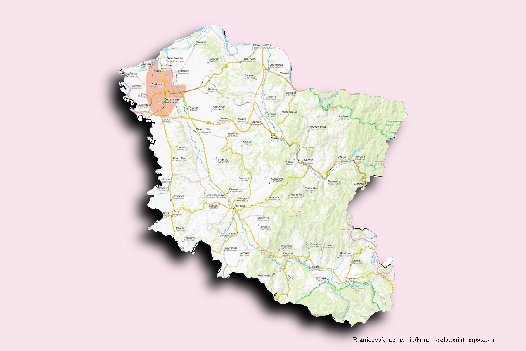 Branicevo District and counties map with 3D shadow effect