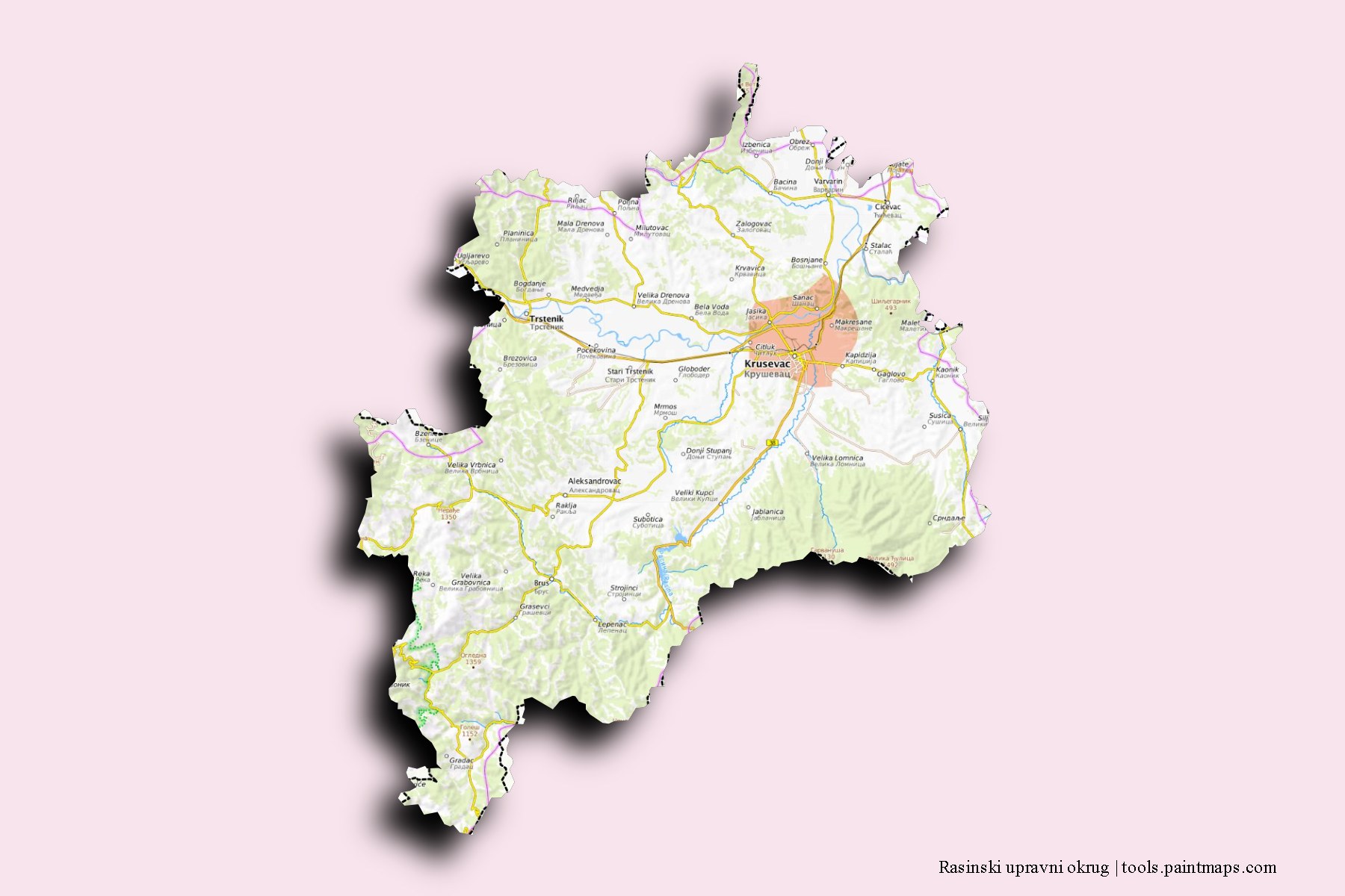 Mapa de Rasinski upravni okrug y sus distritos con efecto de sombra 3D