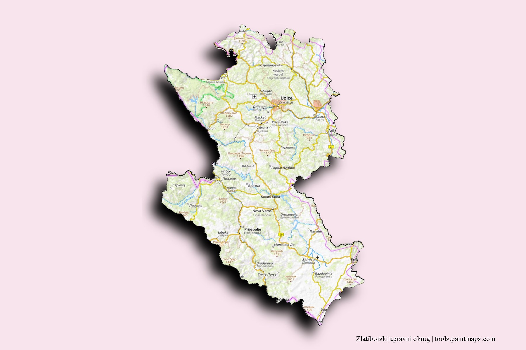 Zlatiborski upravni okrug and counties map with 3D shadow effect