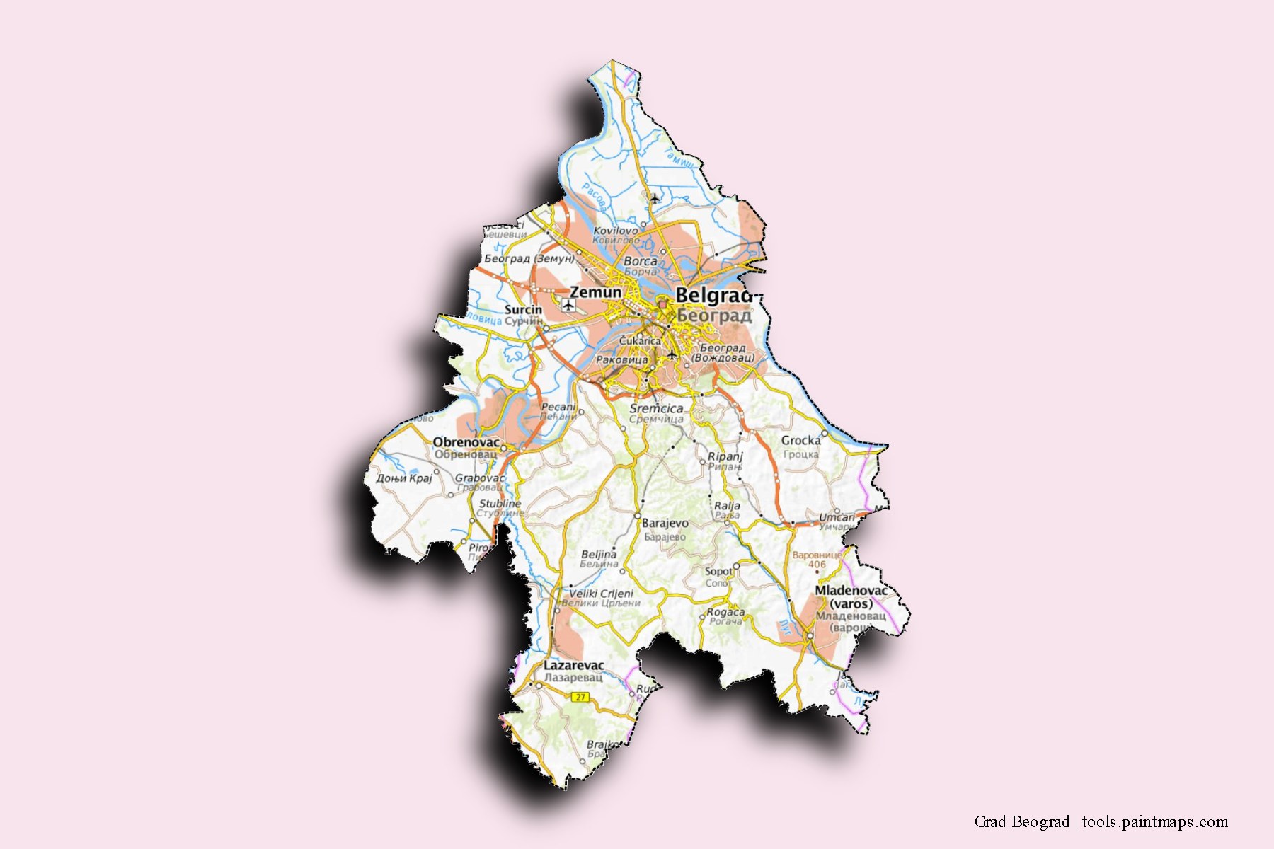 Mapa de Grad Beograd y sus distritos con efecto de sombra 3D