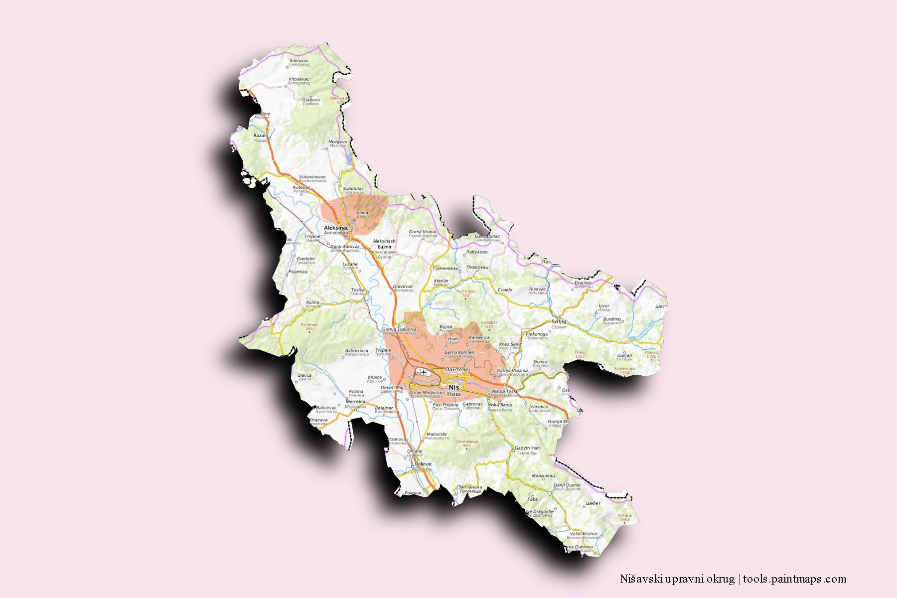 Mapa de Nišavski upravni okrug y sus distritos con efecto de sombra 3D