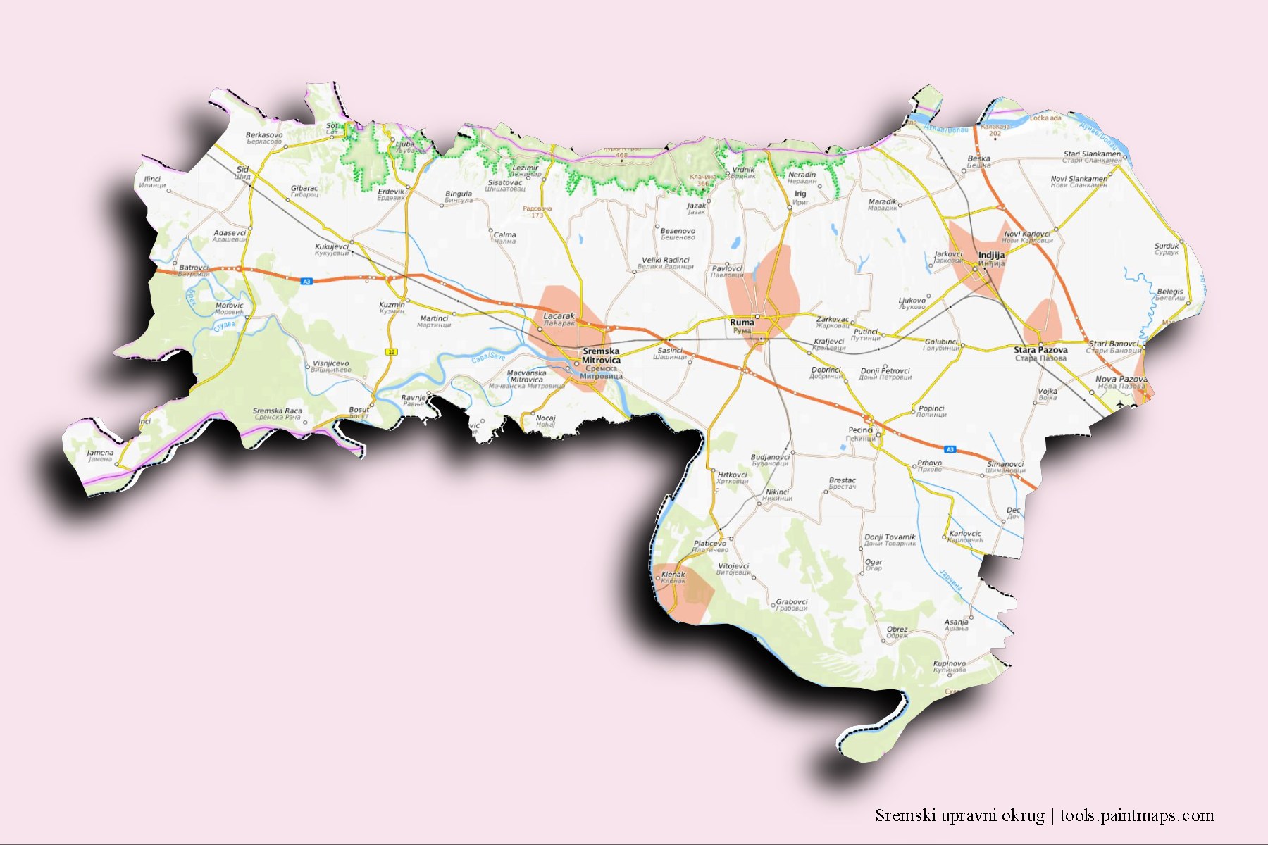 3D gölge efektli Srem İlçesi ve ilçeleri haritası