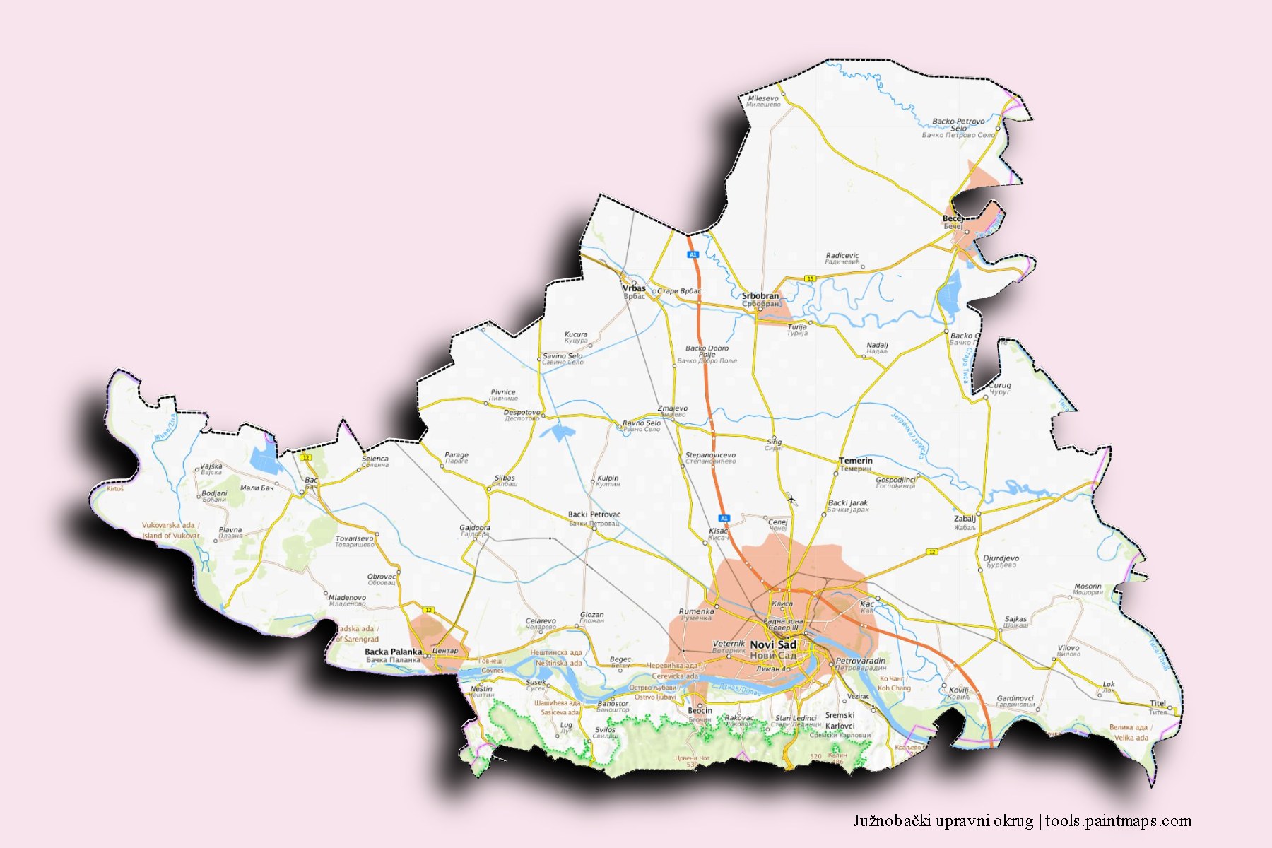 South Backa and counties map with 3D shadow effect