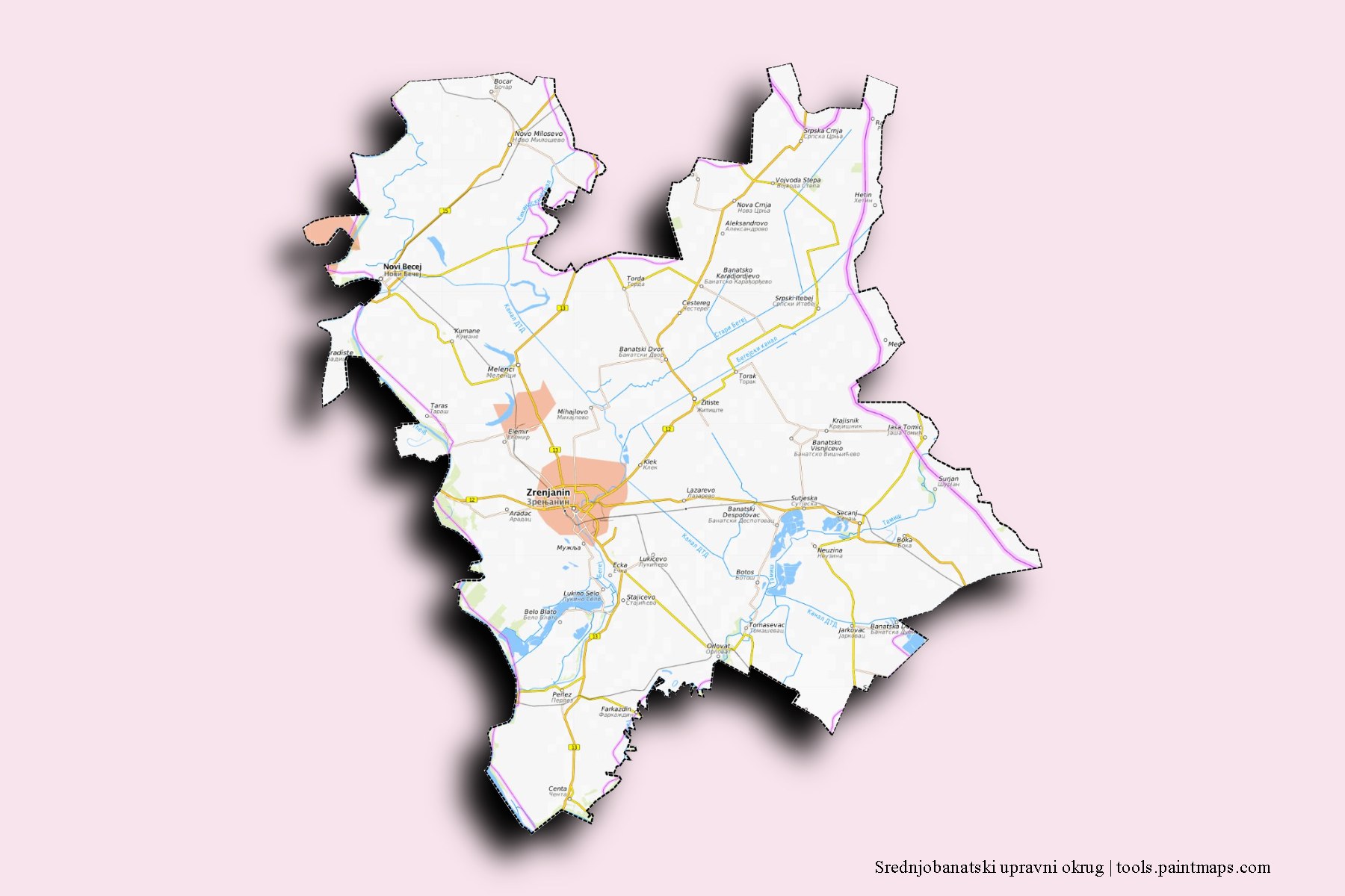 Mapa de Srednjobanatski upravni okrug y sus distritos con efecto de sombra 3D