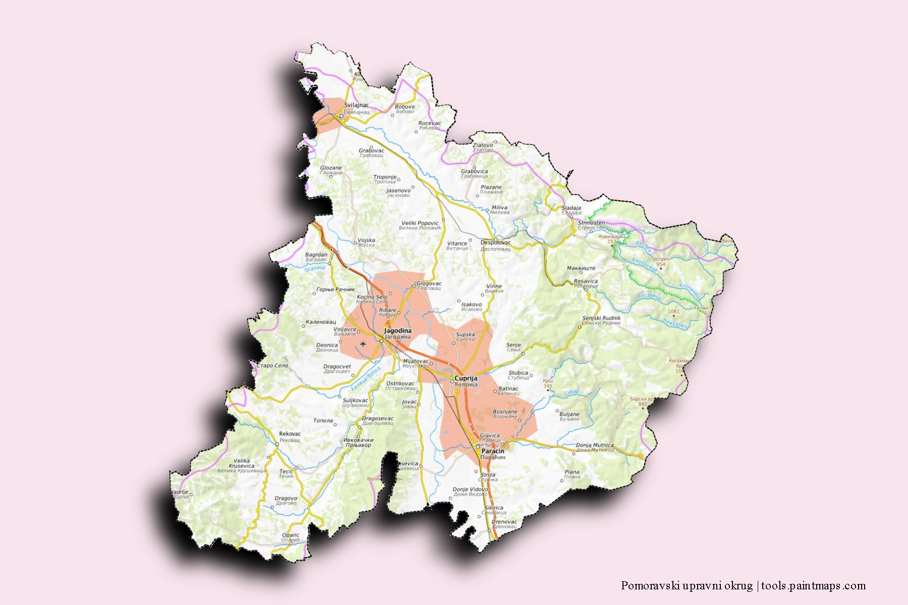 Mapa de Pomoravski upravni okrug y sus distritos con efecto de sombra 3D