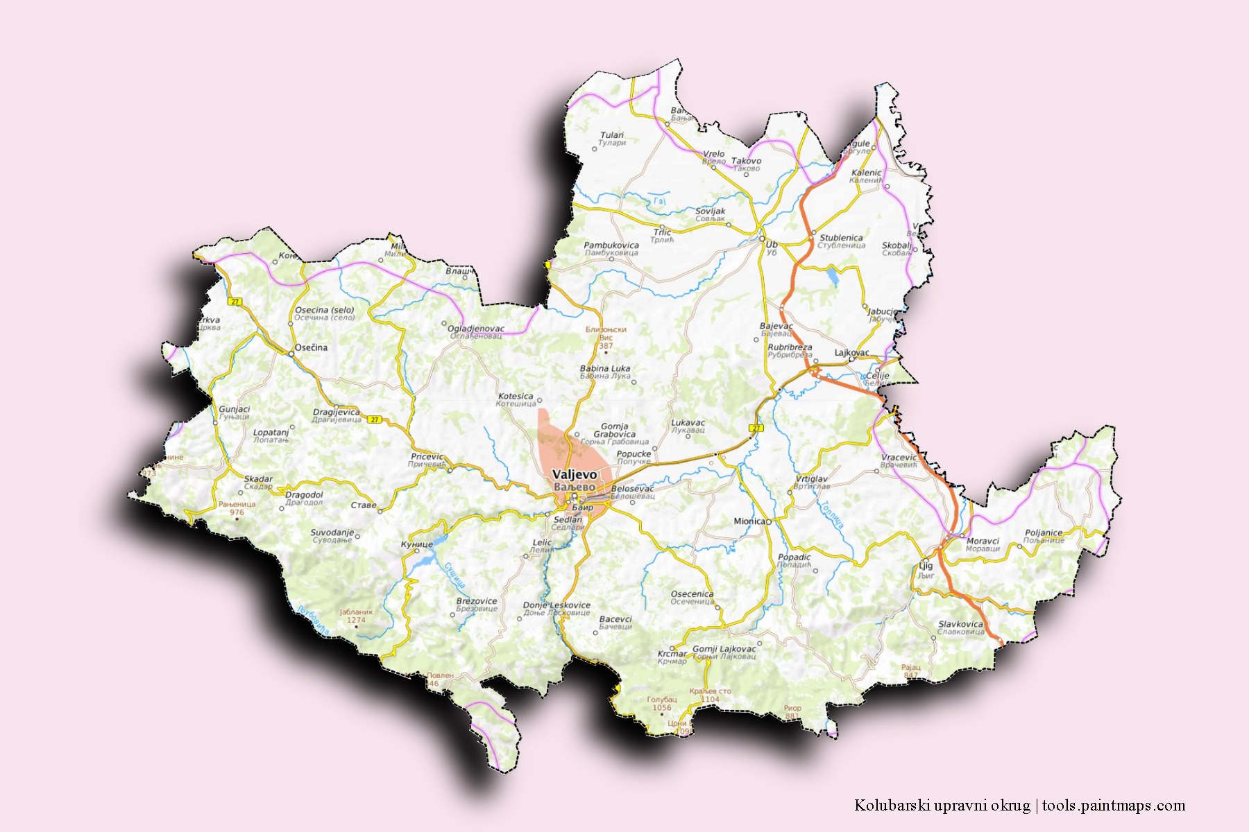 Mapa de Kolubarski upravni okrug y sus distritos con efecto de sombra 3D