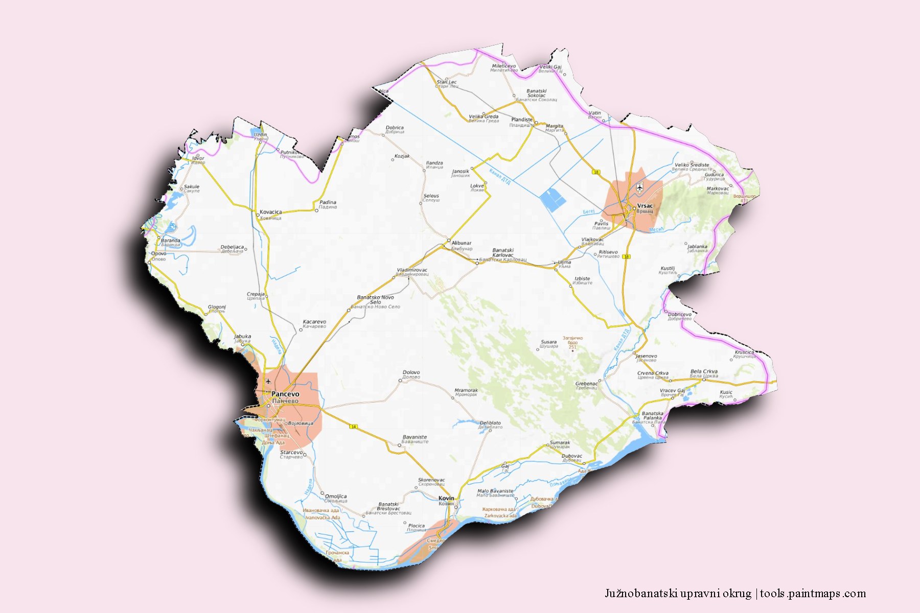 South Banat and counties map with 3D shadow effect