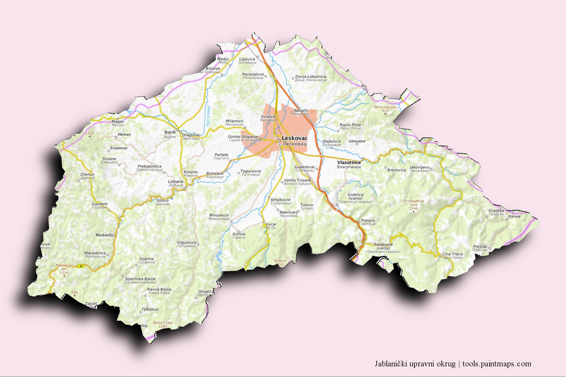 3D gölge efektli Jablanica İlçesi ve ilçeleri haritası