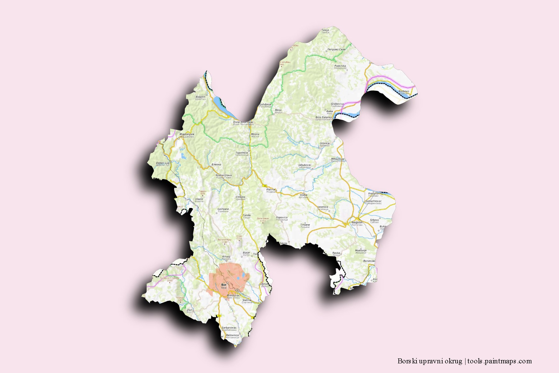 Borski upravni okrug and counties map with 3D shadow effect