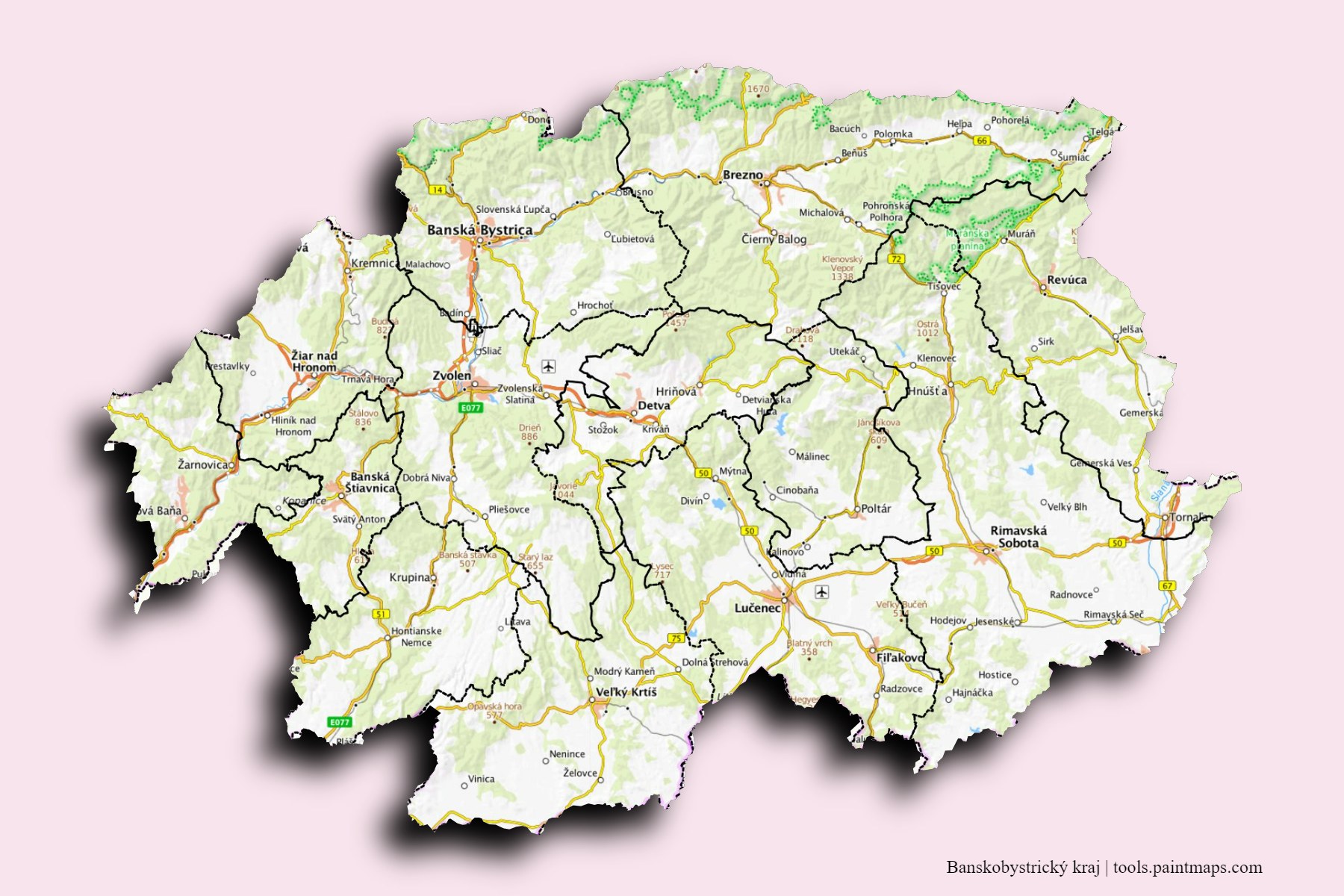 Banska Bystrica and counties map with 3D shadow effect