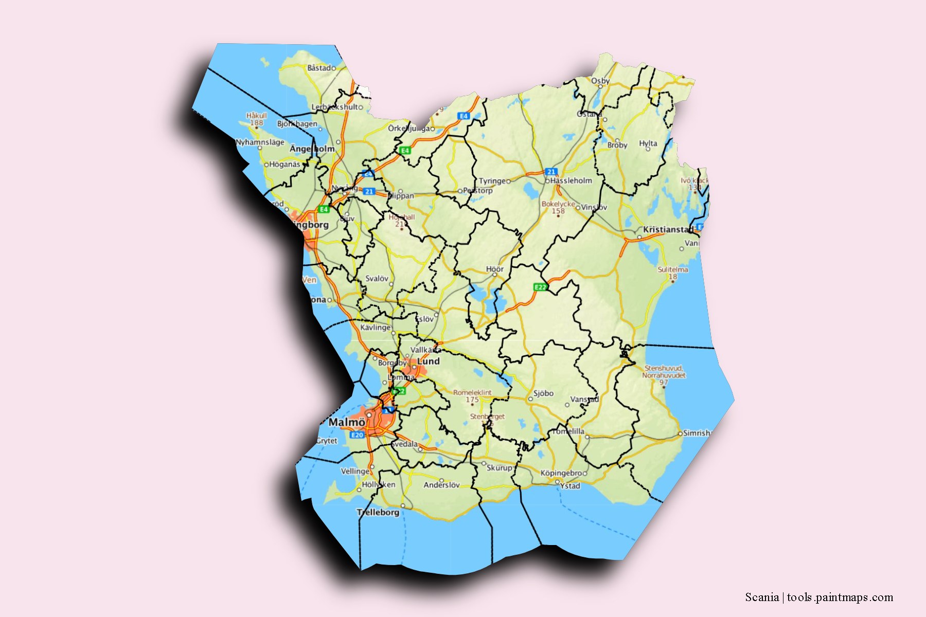 Mapa de Scania y sus distritos con efecto de sombra 3D