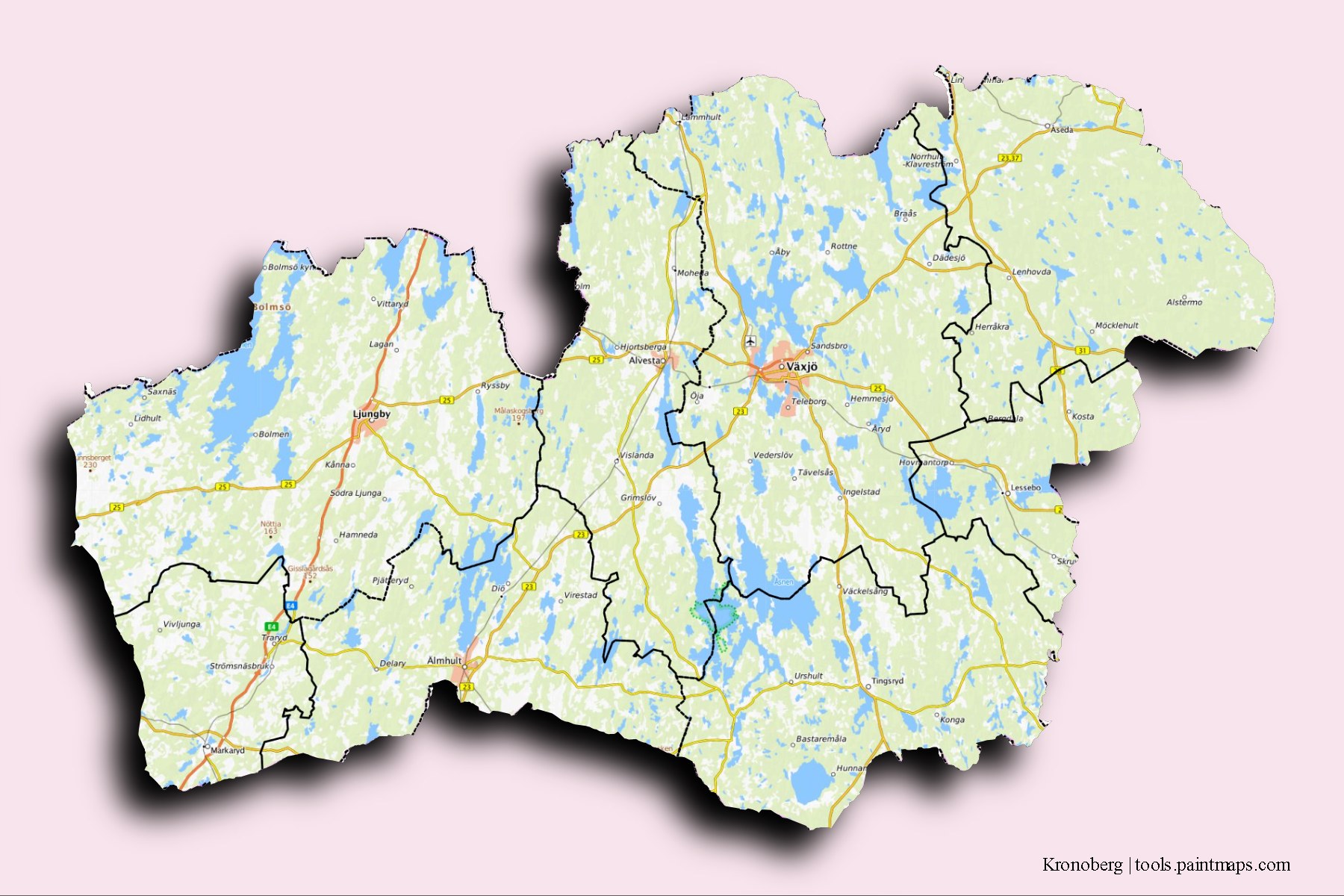 3D gölge efektli Kronoberg ili ve ilçeleri haritası