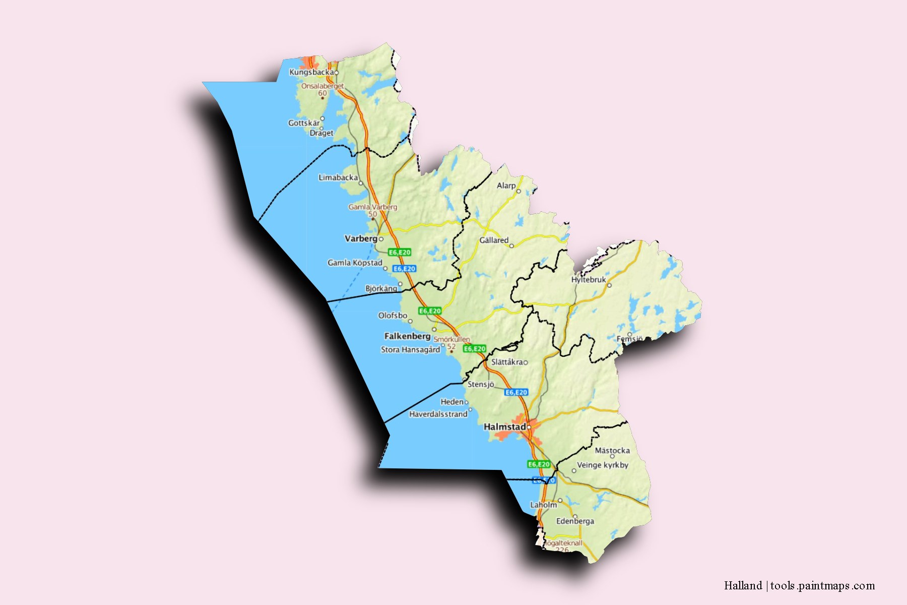 Halland and counties map with 3D shadow effect