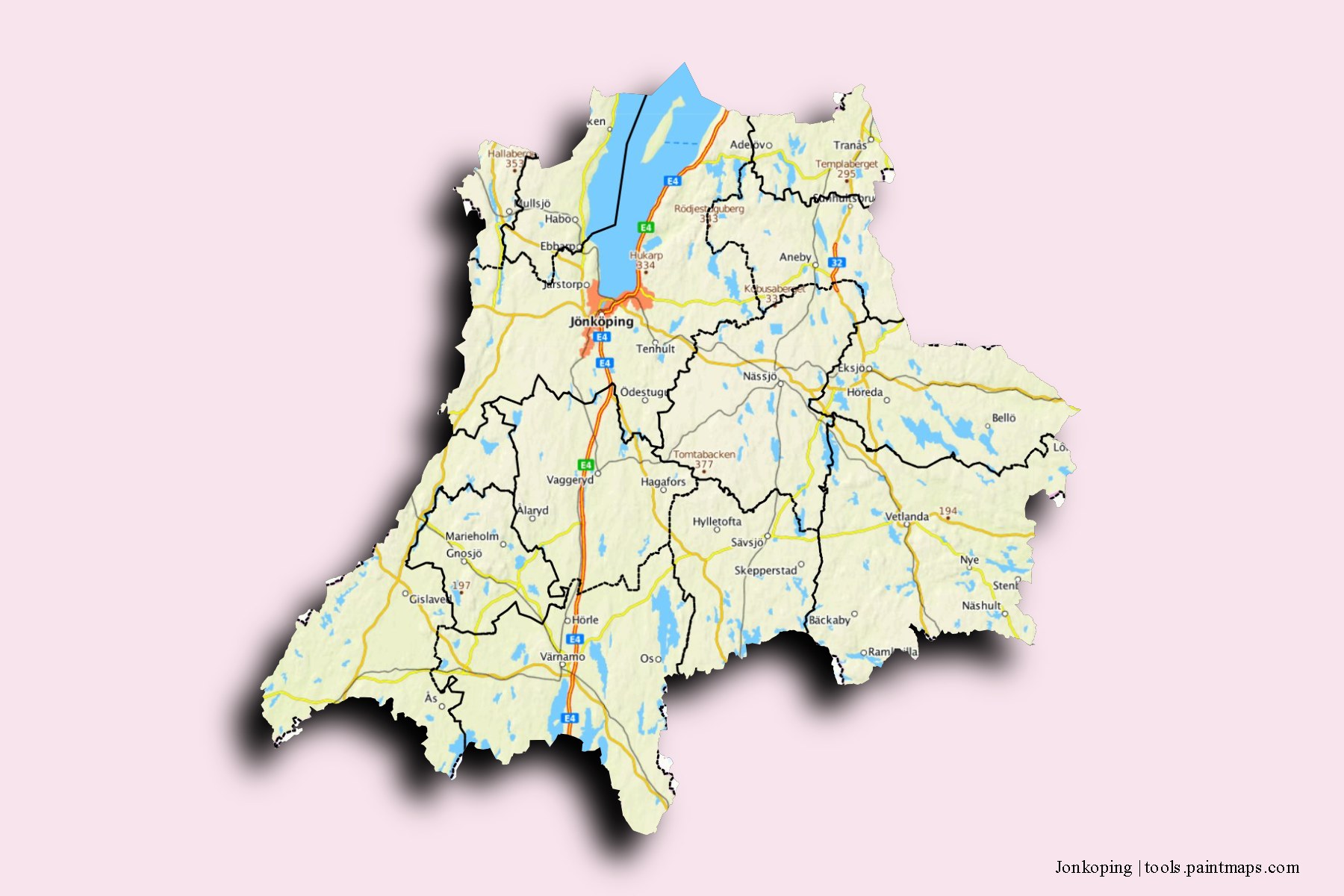 Mapa de Jonkoping y sus distritos con efecto de sombra 3D