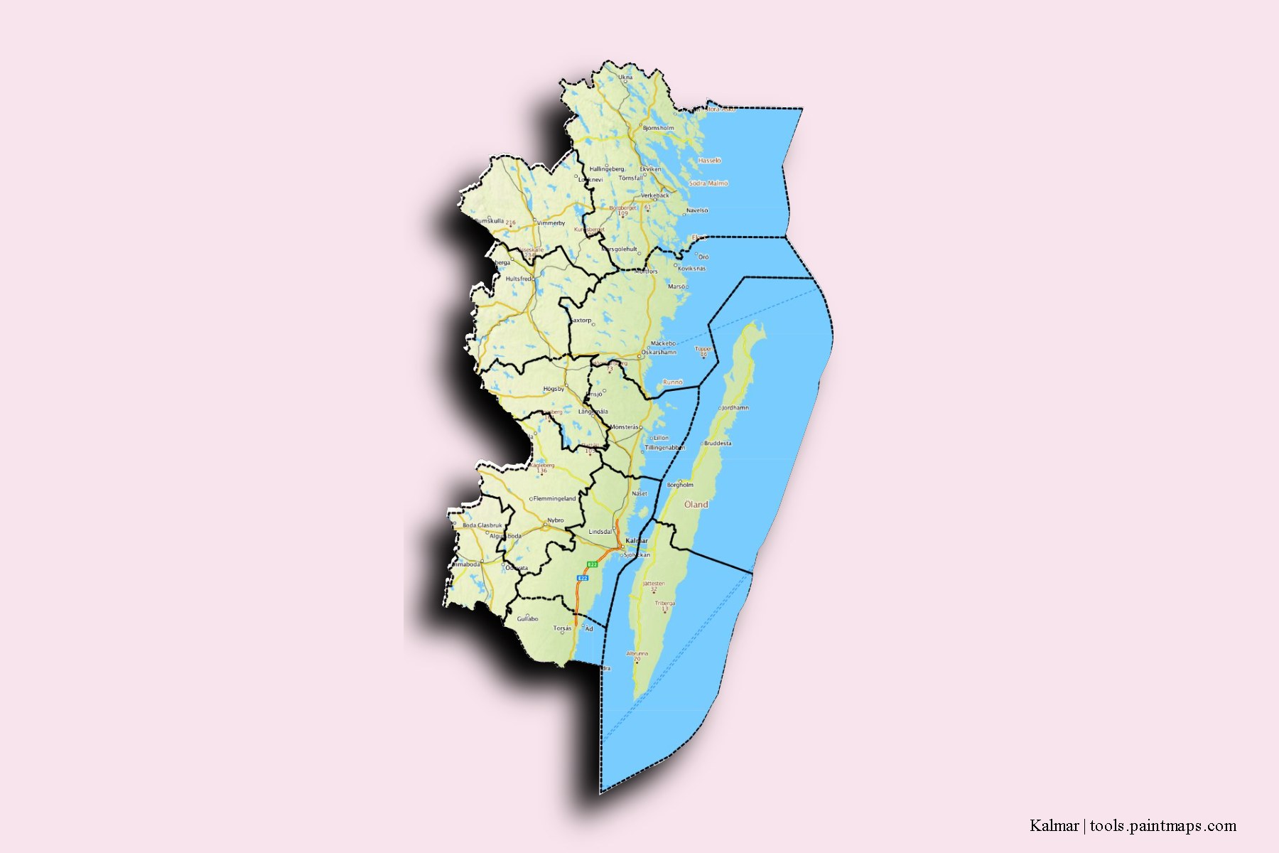 Kalmar and counties map with 3D shadow effect