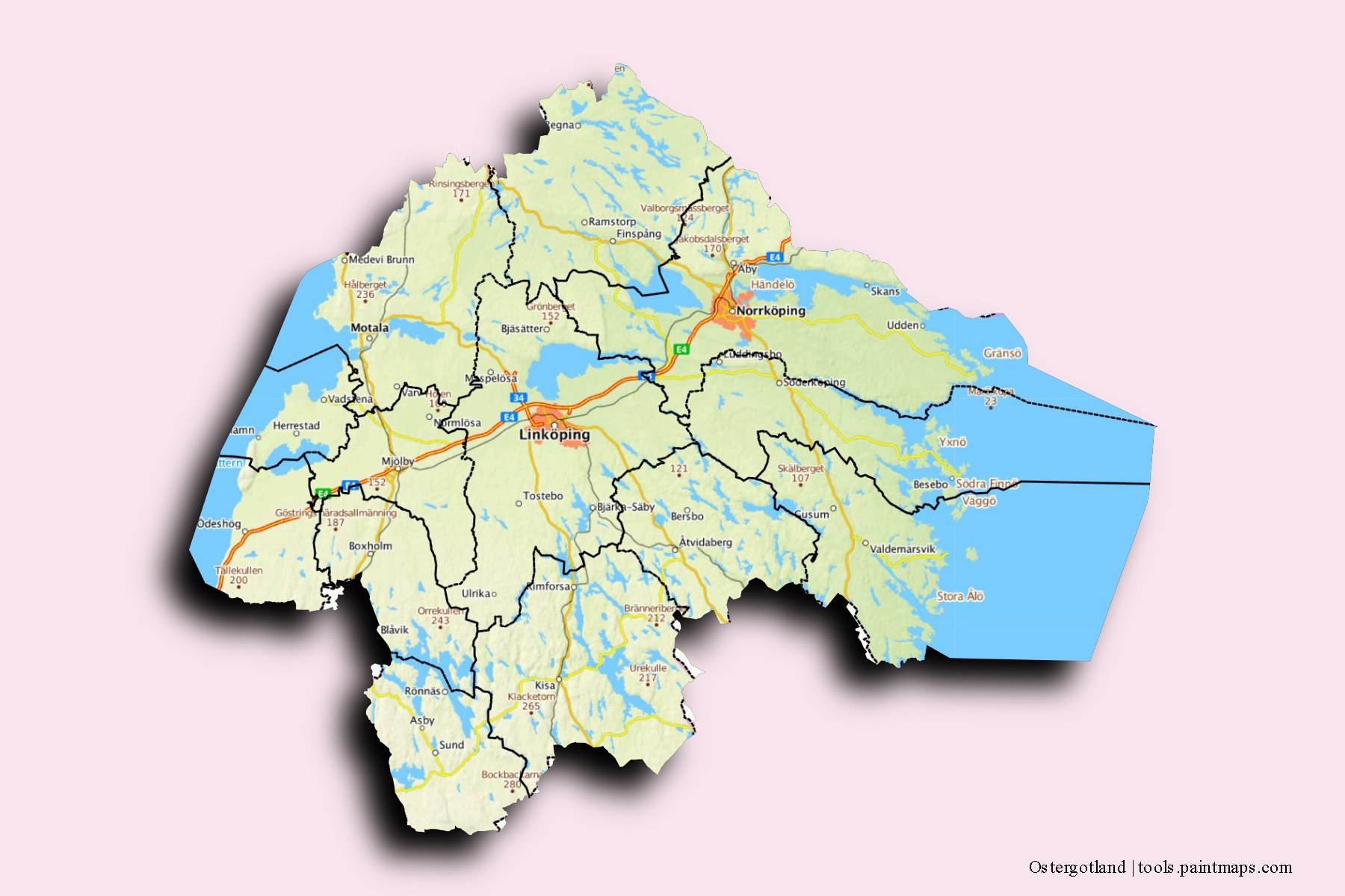 Mapa de Ostergotland y sus distritos con efecto de sombra 3D