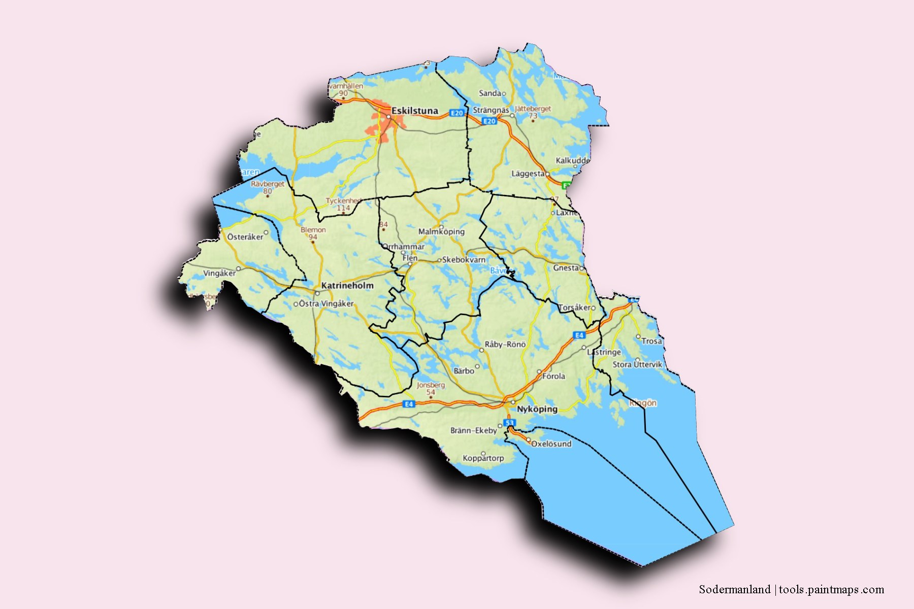 Sodermanland and counties map with 3D shadow effect