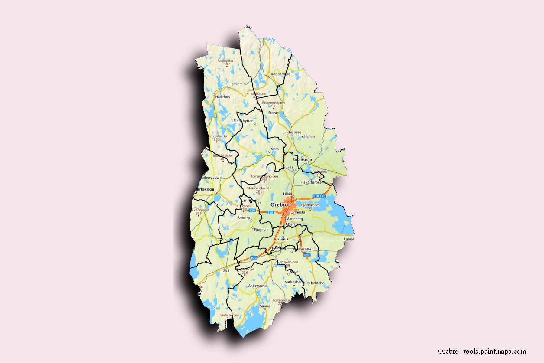 Orebro and counties map with 3D shadow effect