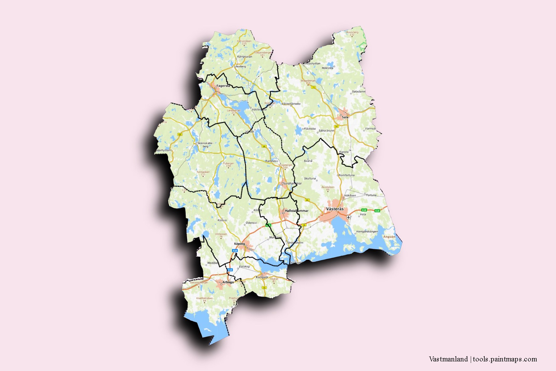 3D gölge efektli Västmanland ili ve ilçeleri haritası