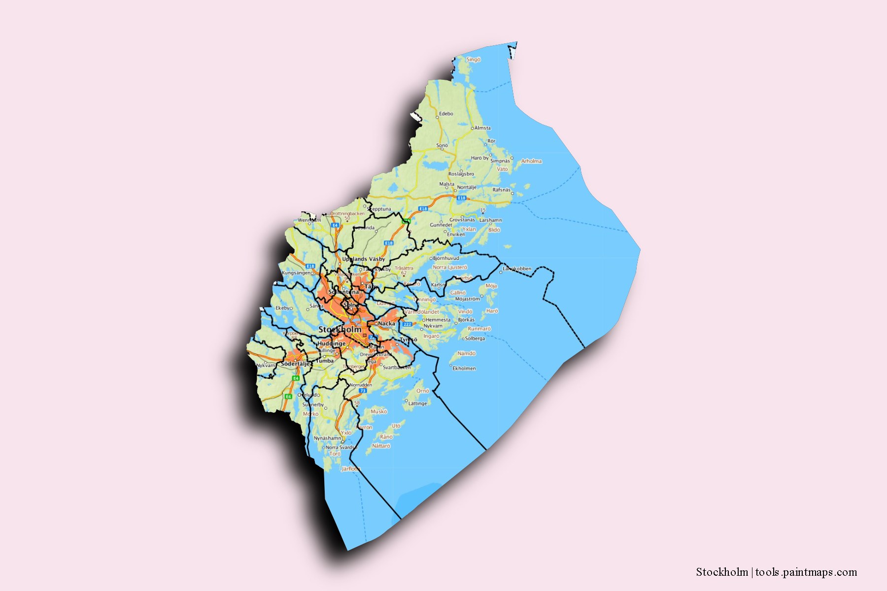 3D gölge efektli Stokholm ili ve ilçeleri haritası