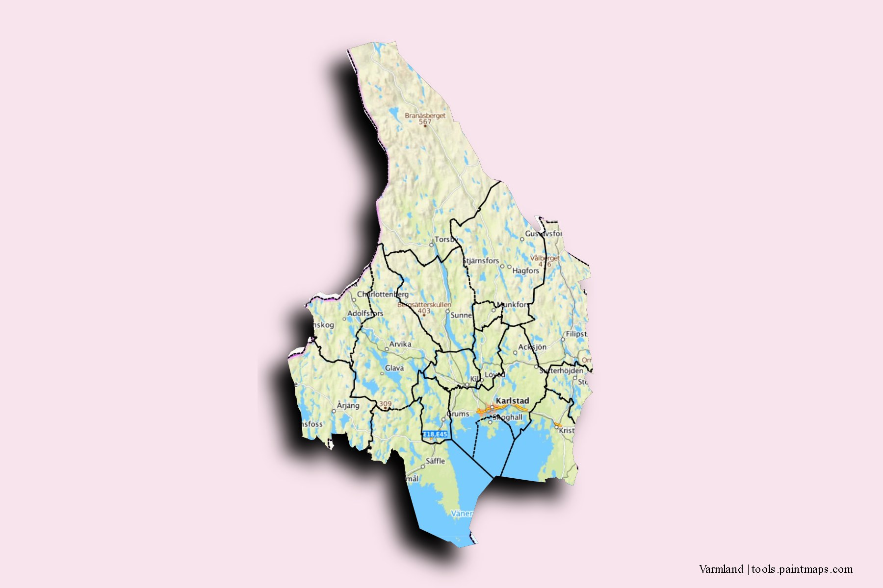 Varmland and counties map with 3D shadow effect