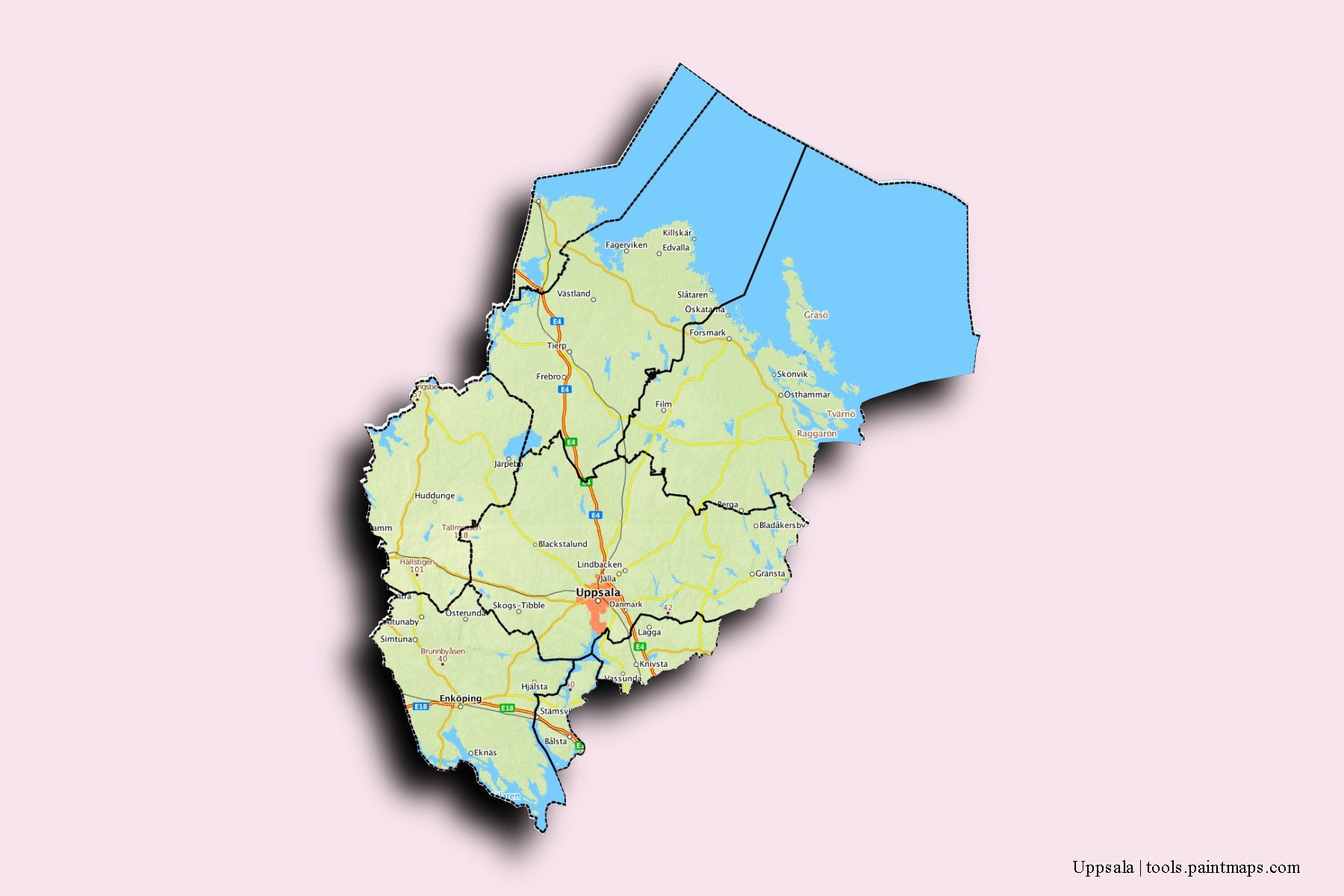 3D gölge efektli Uppsala ili ve ilçeleri haritası