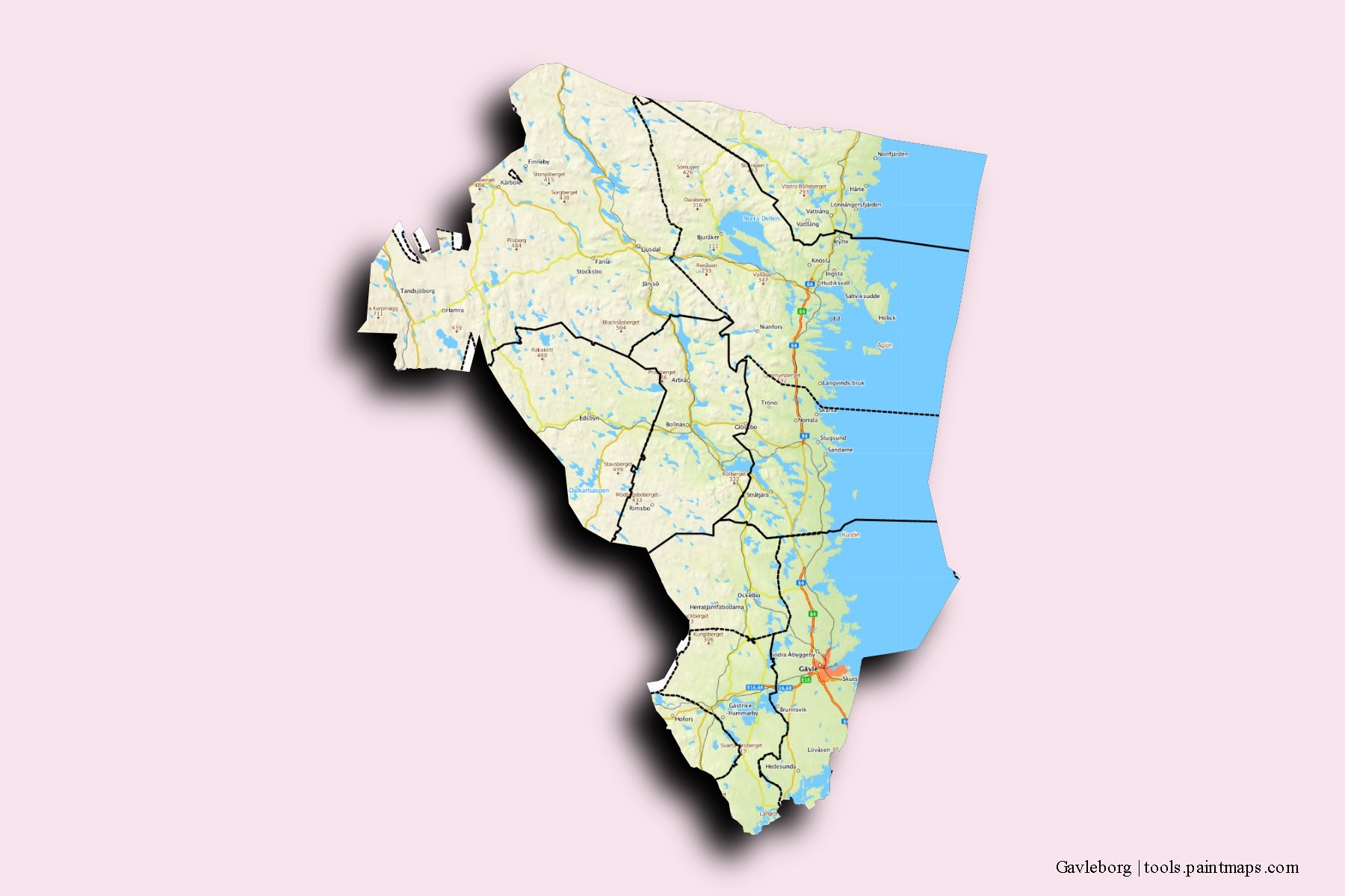 Gavleborg and counties map with 3D shadow effect