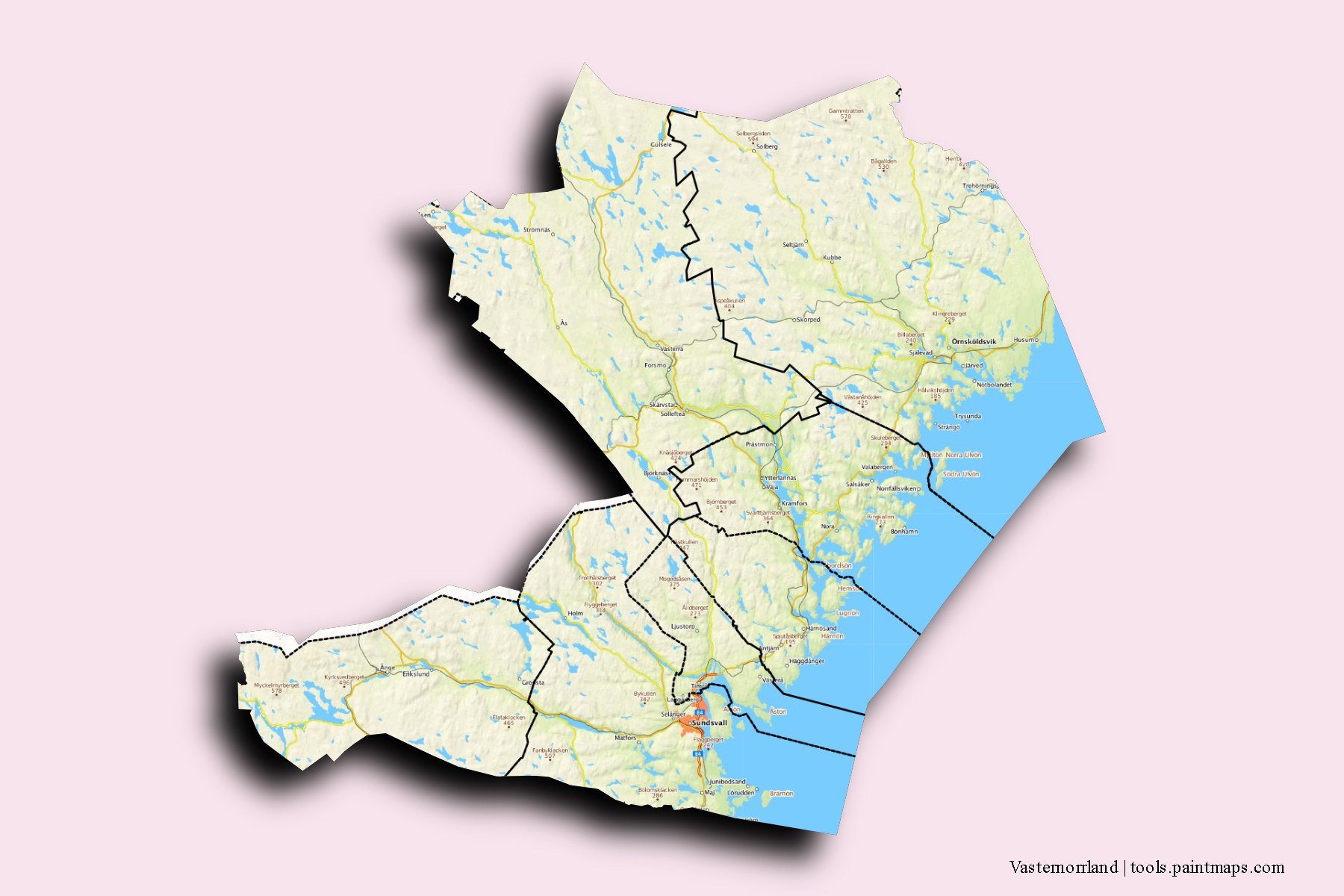 Mapa de Vasternorrland y sus distritos con efecto de sombra 3D