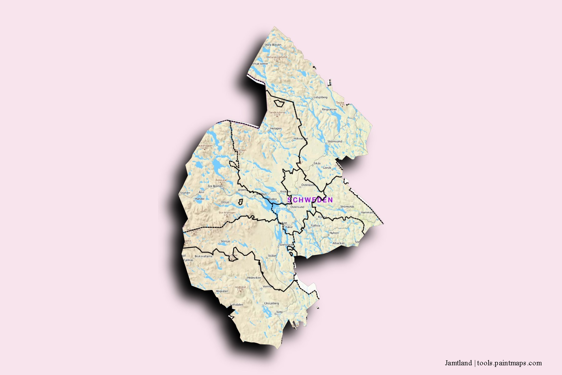 Jamtland and counties map with 3D shadow effect