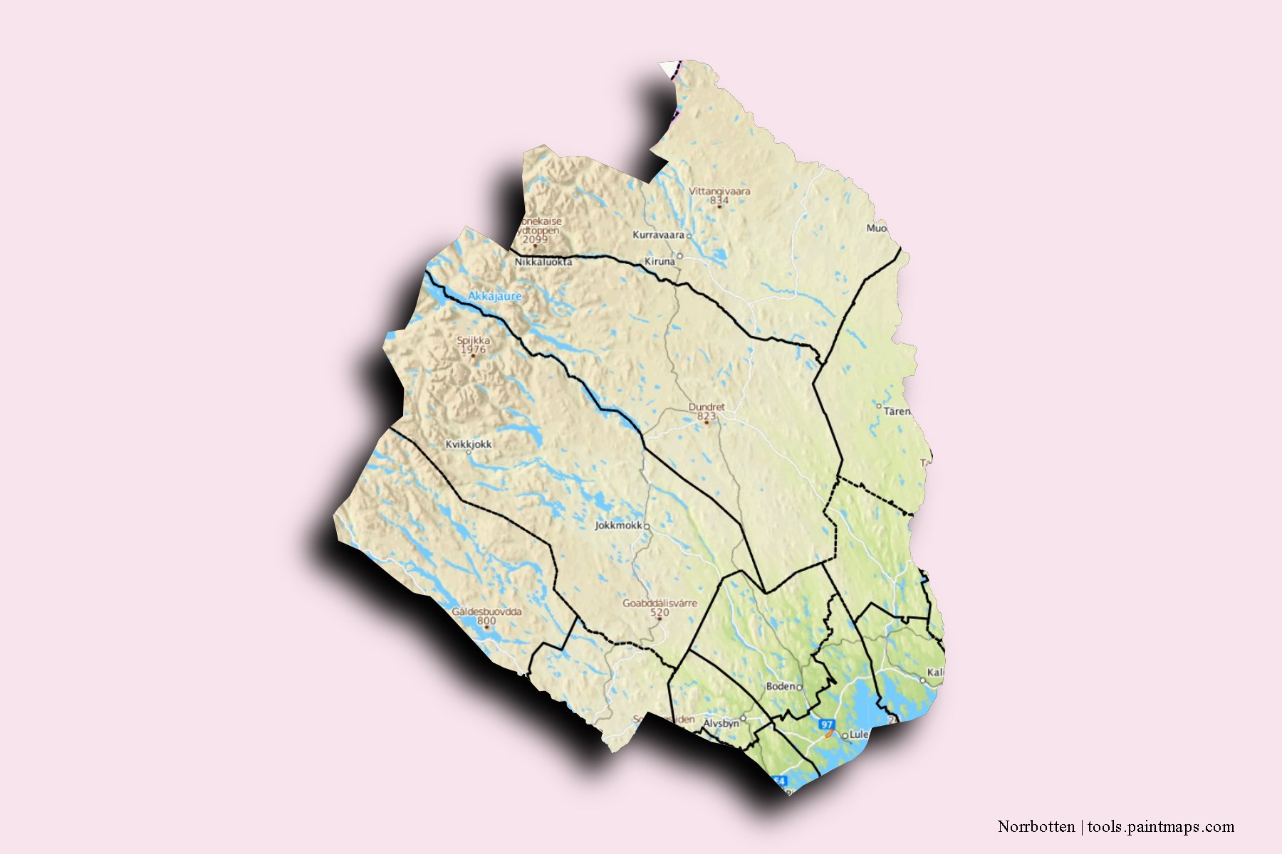 Mapa de Norrbotten y sus distritos con efecto de sombra 3D